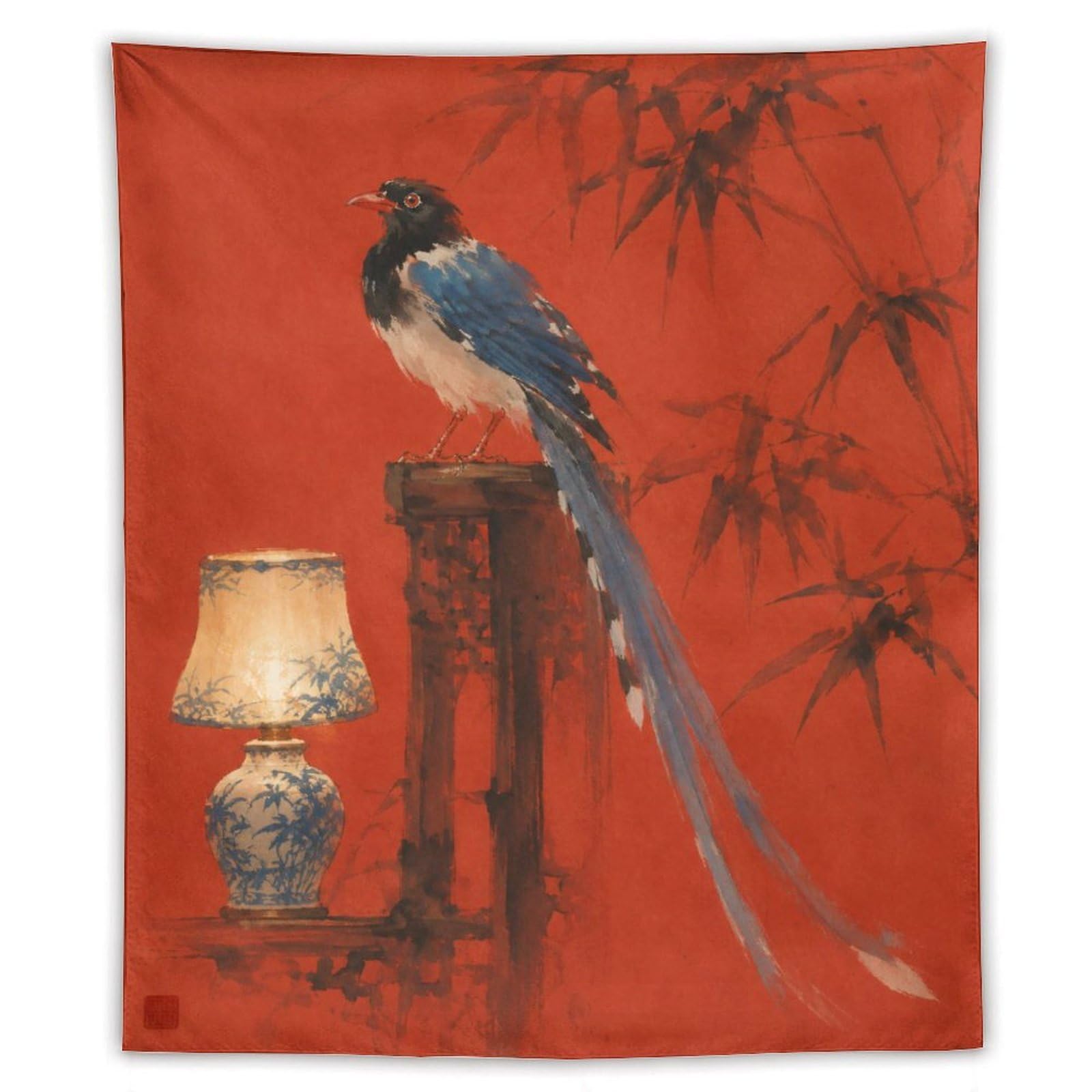 W7C8U2X3 Blue Macaw on Lamp Wall Tapestry, Realistic Illustration