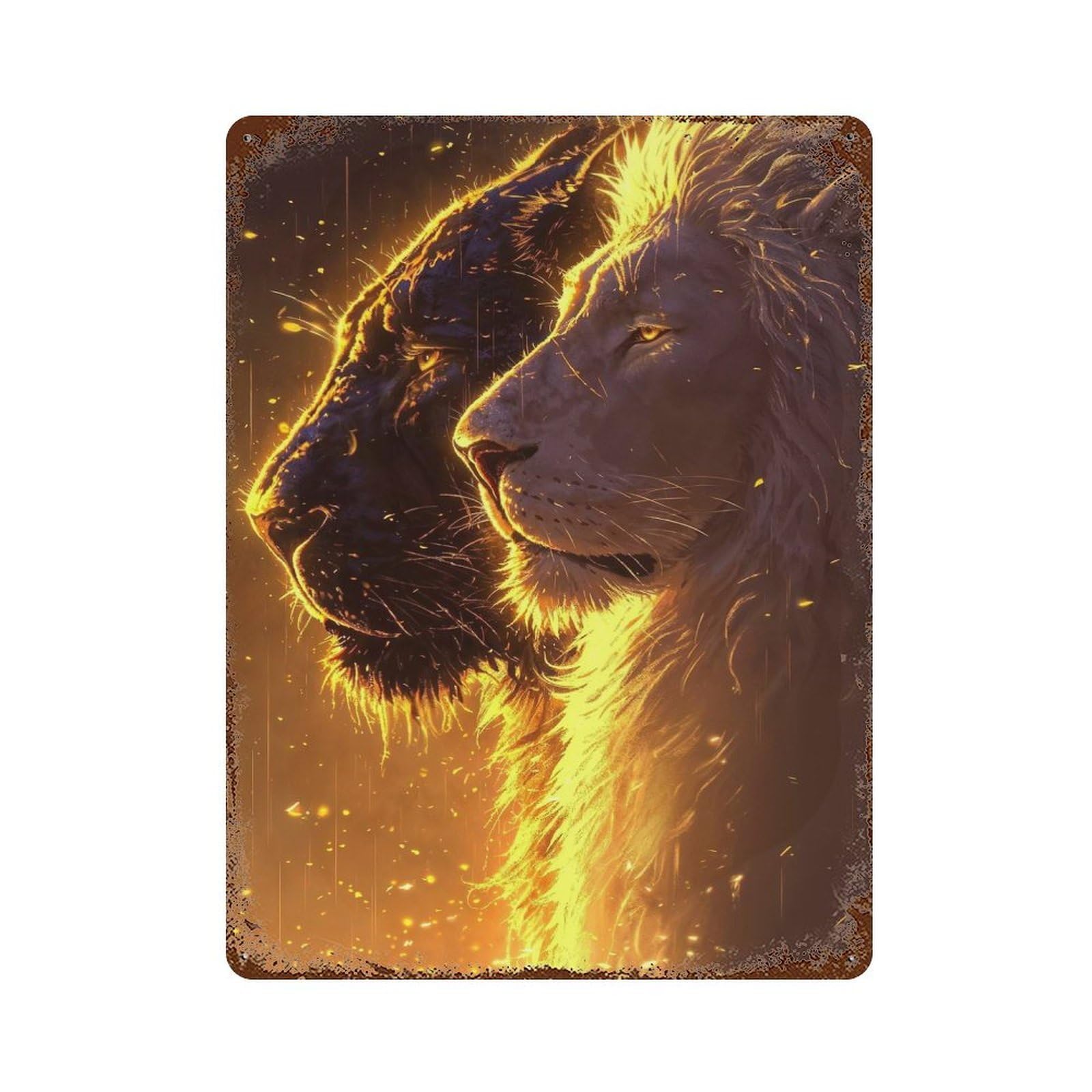 Rust Effect White Lion And The Panther Rusty Metal Tin Sign 15.7"x11.8", Old School Wall Decor for Cafe, Home Bar And Lounge Decor