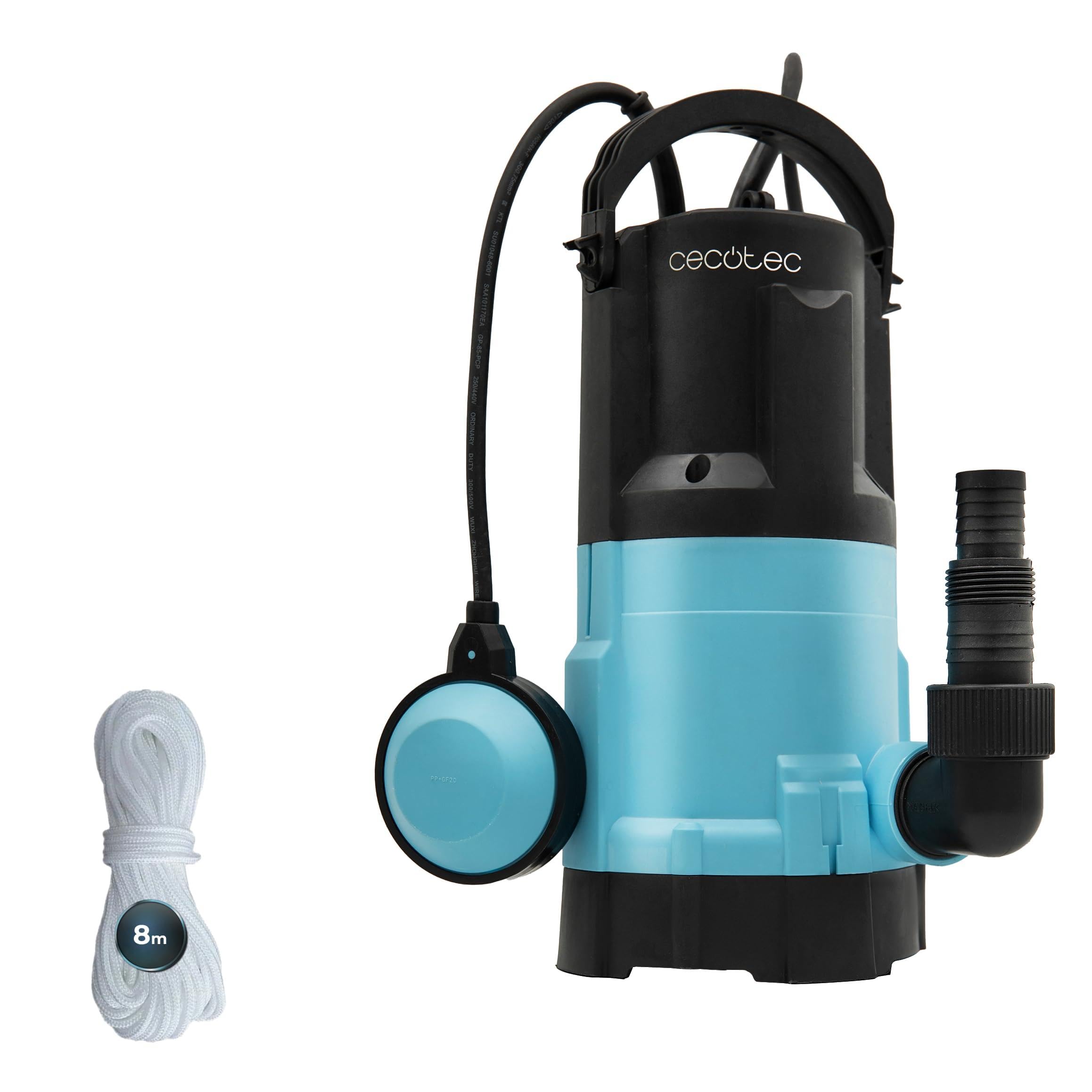 Cecotec Neptunus 750 Zatapialna pompa ciemna i kryształowa 750 W, 2w1 woda czysta i brudna, 14000 l/h, funkcja niskiego zasysania, wysokość 7,5 m, głębokość 7 m, przełącznik pływakowy, IPX8, kabel 10