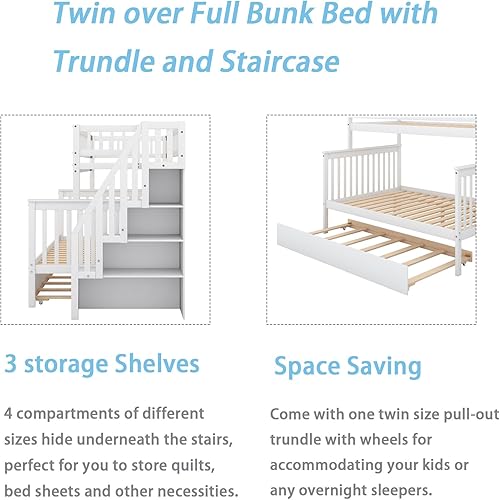 Miniatura 63 de Merax Litera de escalera individual sobre matrimonial con nido, escalera de almacenamiento y barandilla de longitud completa, litera de