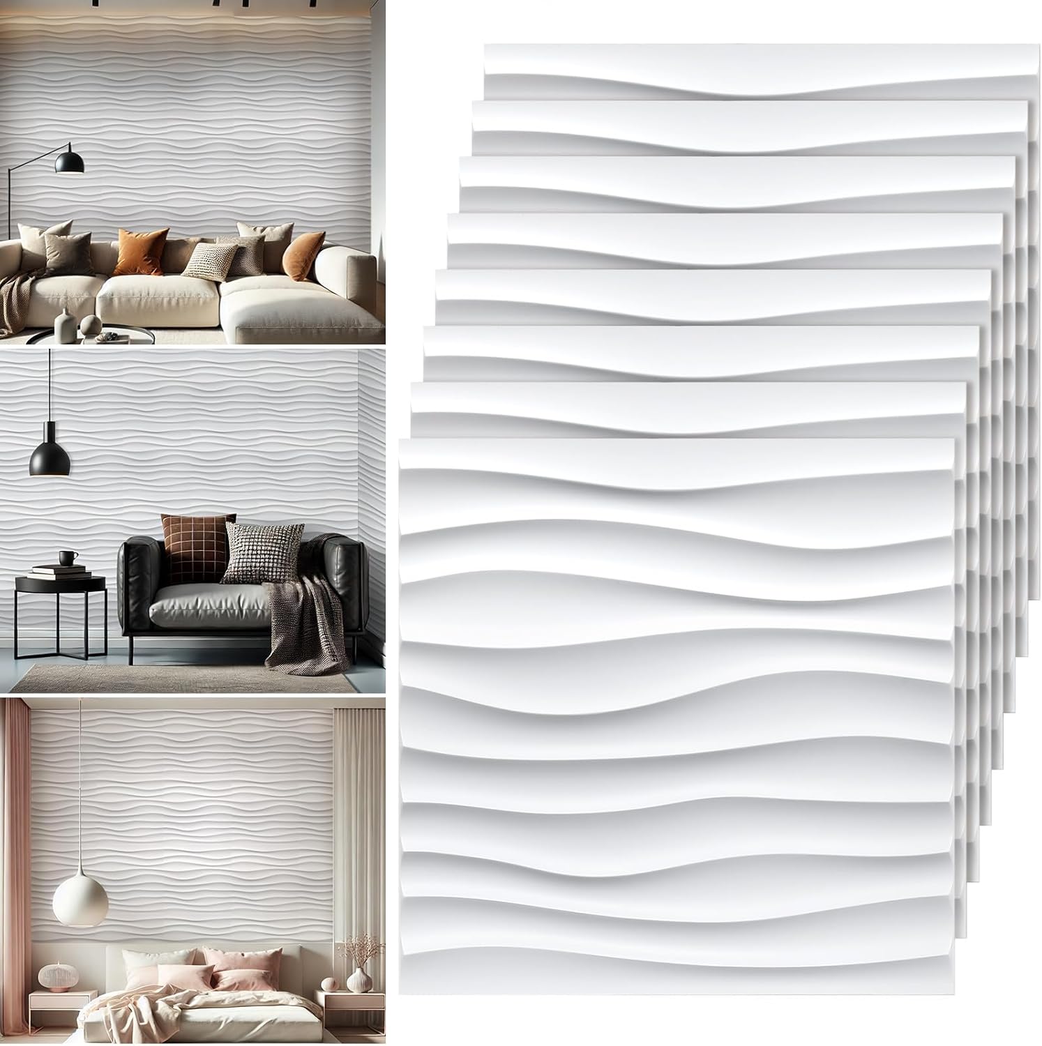 Chunful 30 Pcs 28.81 Sq ft 3D Wall Panels PVC Wave Design,11.8" x 11.8" Wall Panels Brick Wallpaper Waterproof for Interior Living Room Bedroom Decor(White)