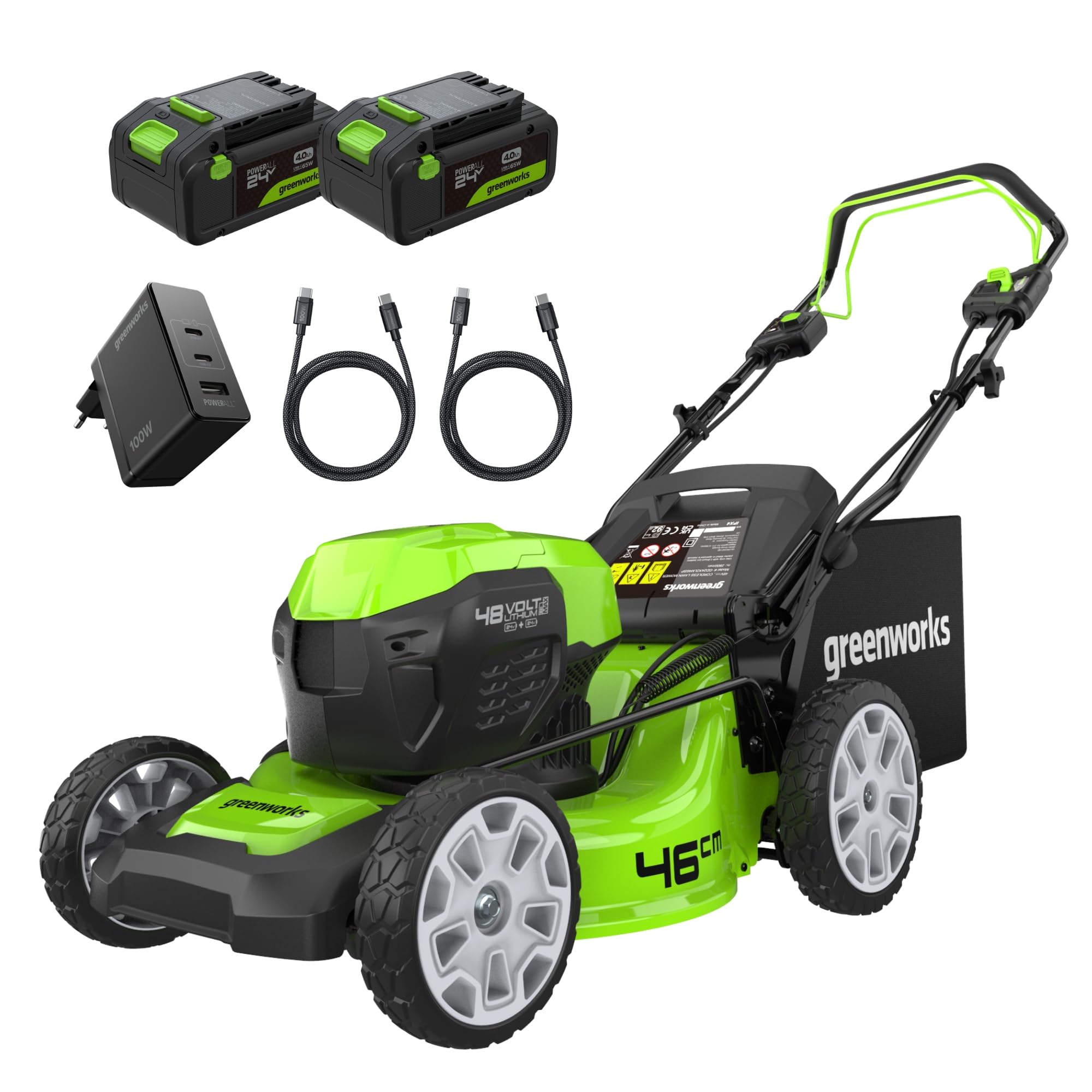 Greenworks 48V (24V x 2) Cortacésped de Batería Autopropulsada para Céspedes Grandes Hasta 480 m², Ancho de Corte 46 cm, Bolsa de 55L MÁS Dos Baterías 24V de 4Ah y Cargador Doble,GD24X2LM46SPK4X
