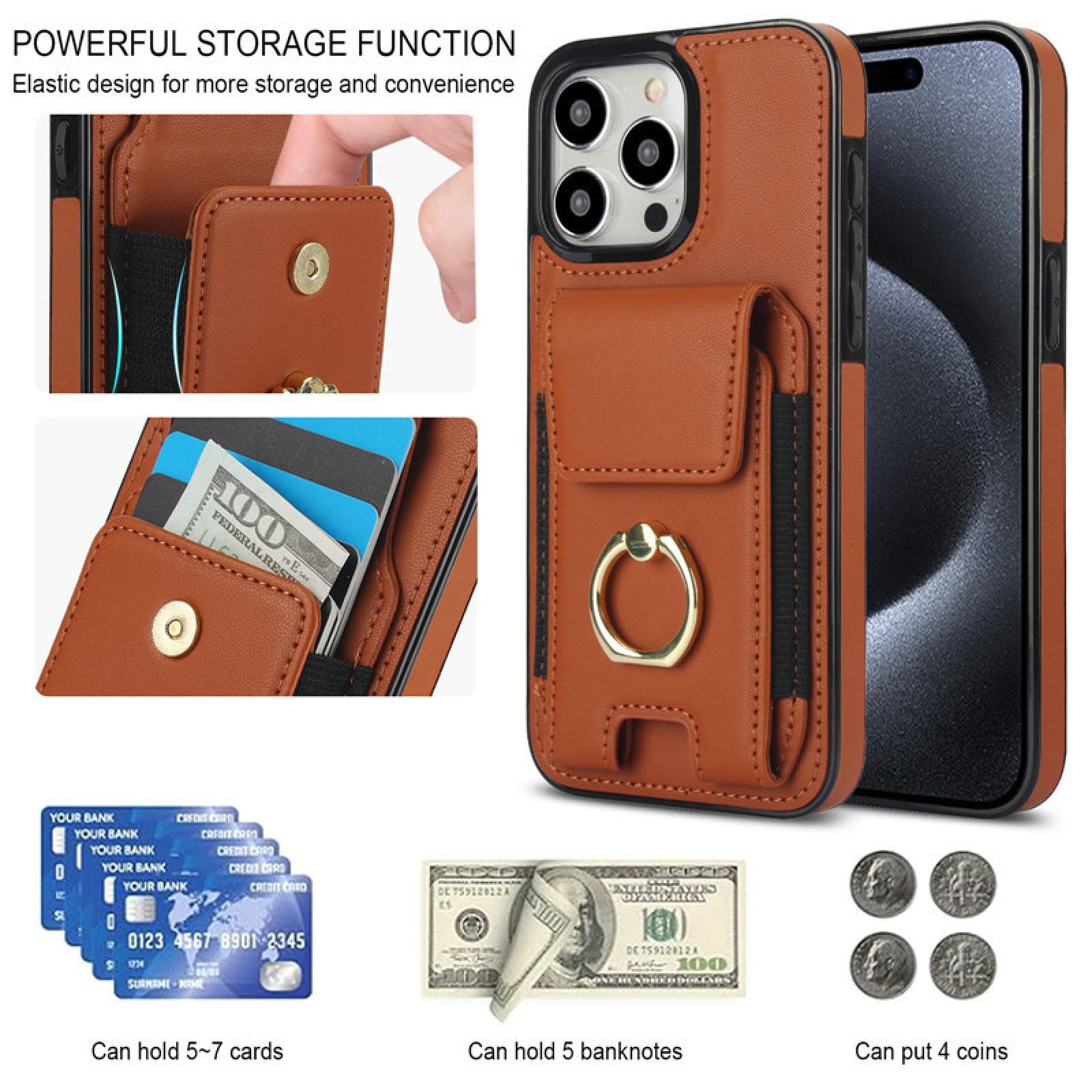 Für iPhone 15 Plus Luxus-Ring-Leder-Brieftaschen-Karten-Telefonhülle Flip-Stand-Cover (Für iPhone 15 Plus/Beige)