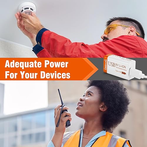 Miniatura 4 de Baterías recargables de litio de 9 V de 1000 mAh con cable de carga USB 2 en 1, batería de iones de litio 6f22 de 9 voltios para detector de humo,