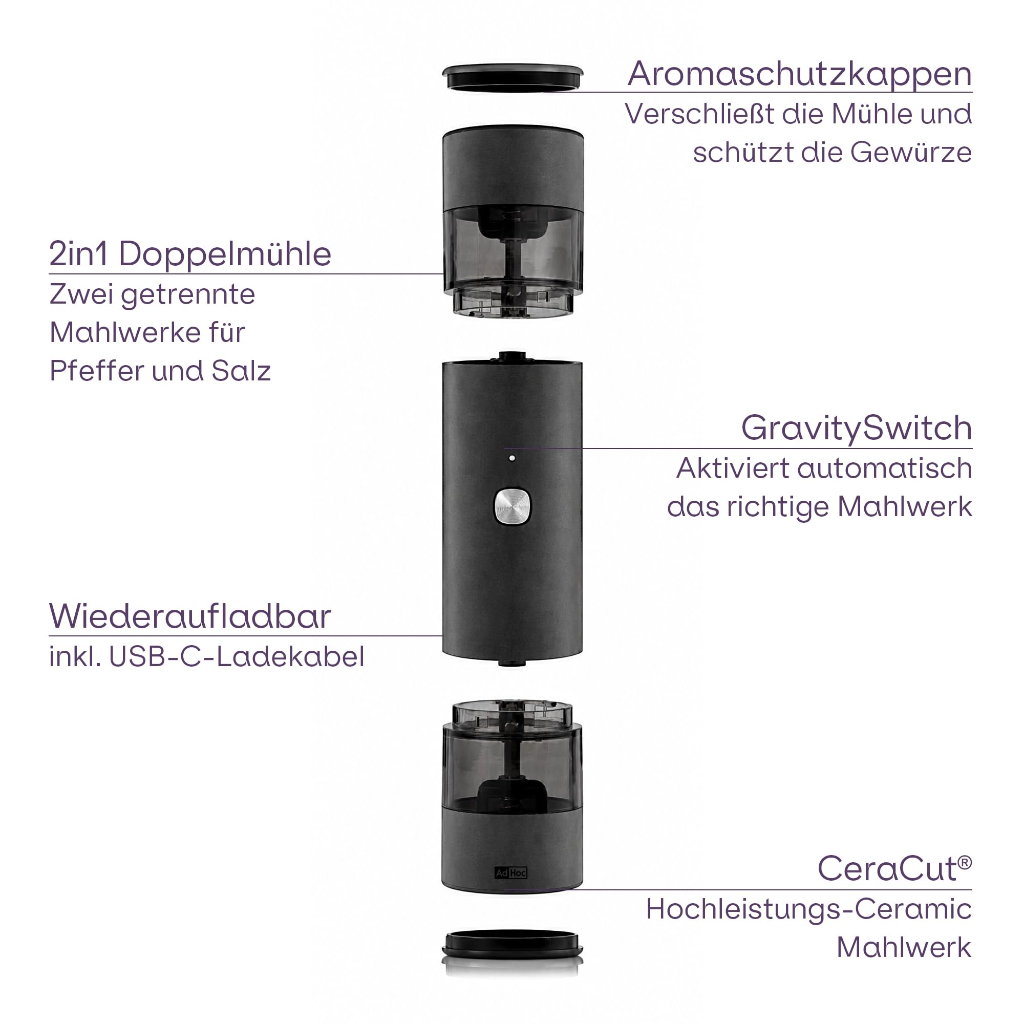 AdHoc i.Mill Duo Elektrische Salz- & Pfeffermühle, Doppelmühle | Mit GravitySwitch, USB-C, Keramikmahlwerk stufenlos einstellbar fein bis grob, leise und einhändig bedienbar