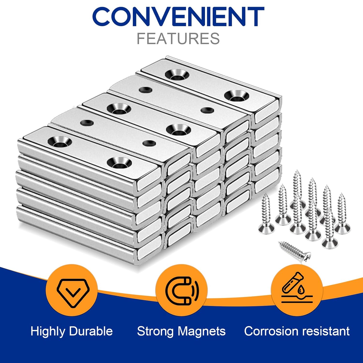 TRYMAG Neodymium Magnets 45Lbs, 40 x 13.5 x 5mm Strong Bar Magnets with Countersunk Hole and Steel Capsule, Heavy Duty Industrial Rare Earth Magnets with Screw for Wall Mounting, Pack of 25