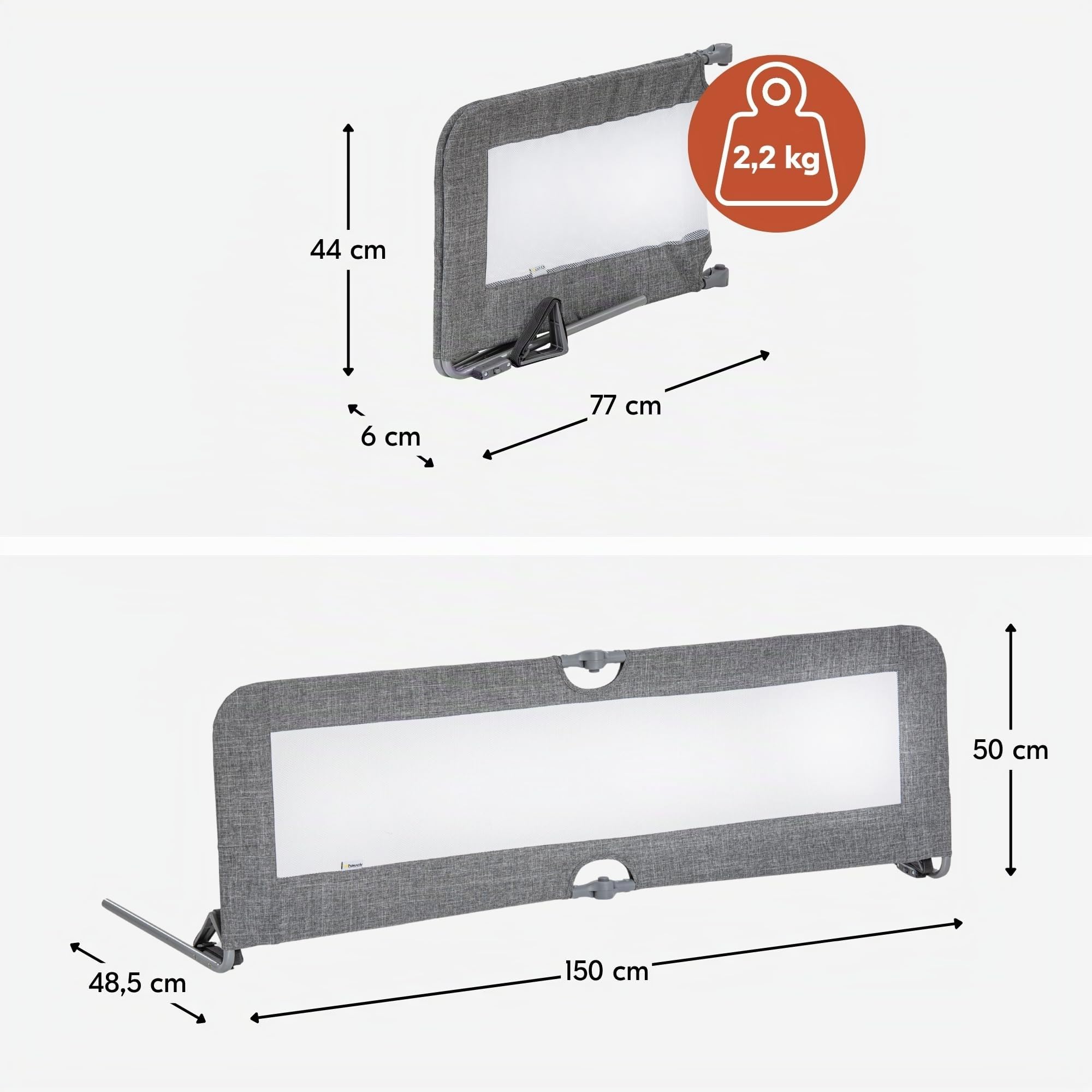 hauck Barrera Anticaídas Plegable para Niños - Protección Cama 150x50x44cm - Portátil y Segura con Ventana de Malla
