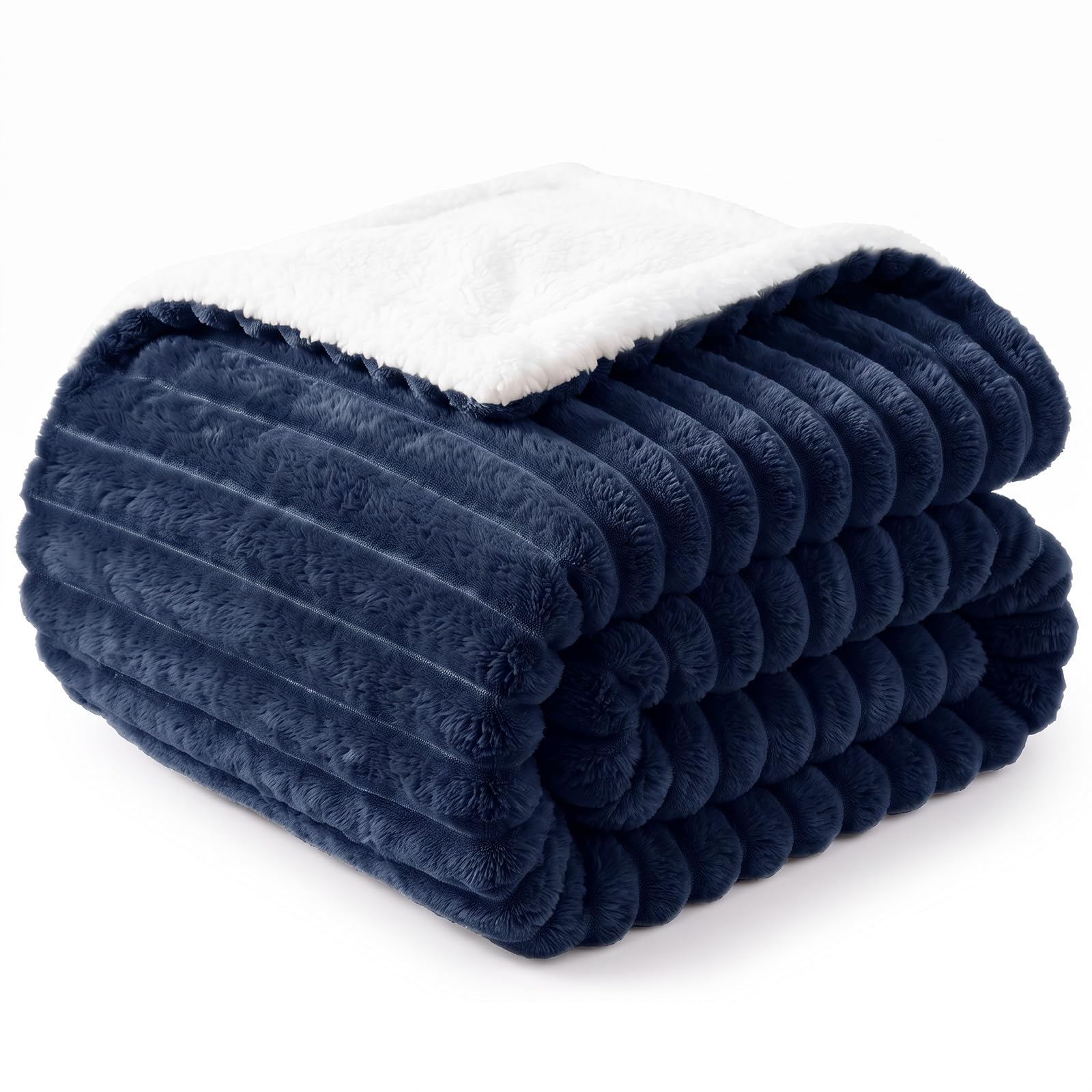 WAVVE Coperta Pile Plaid 150x200 cm Blu marina | Flanella a Righe Sherpa a Doppia Faccia, extra spessa, morbida, calda e accogliente, ideale per divano e letto