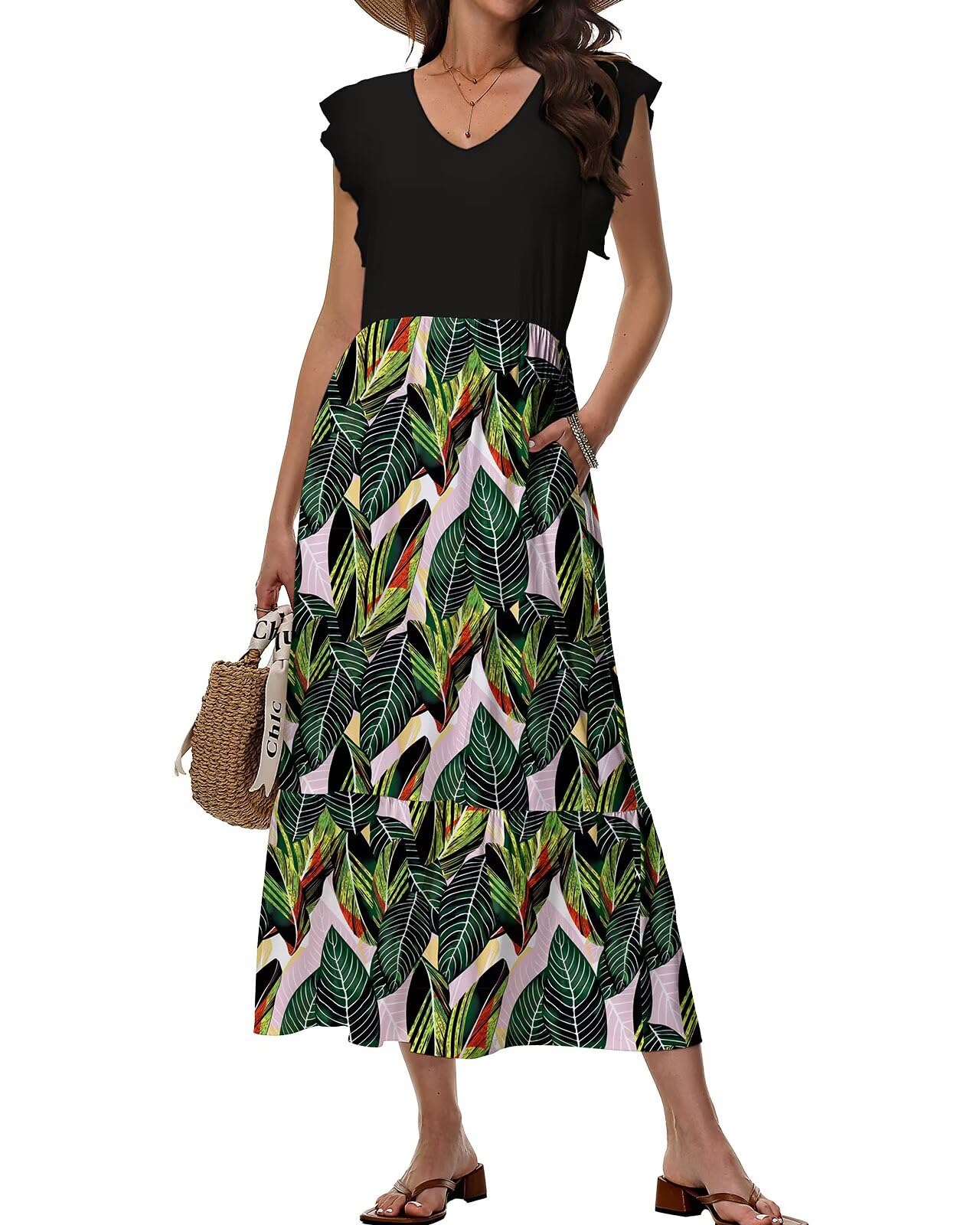 Tanmolo Maxikleid Damen Sommerkleid Lang Strandkleid Mit V-Ausschnitt Im Swing-Stil Mit Blumenmuster Mit Taschen