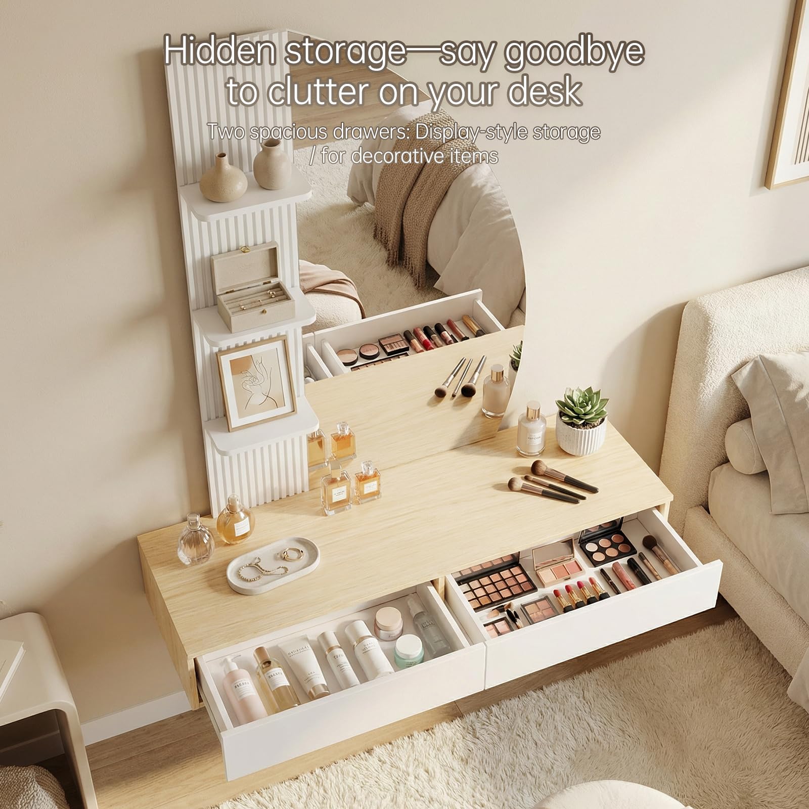 TRIUMPHKEY Tocador de Pared con Espejo en Forma de Media Luna, Mesa de Maquillaje Flotante con Luces LED Regulables, 2 Cajones y 3 Estantes, Ahorra Espacio para Dormitorio (Blanco)