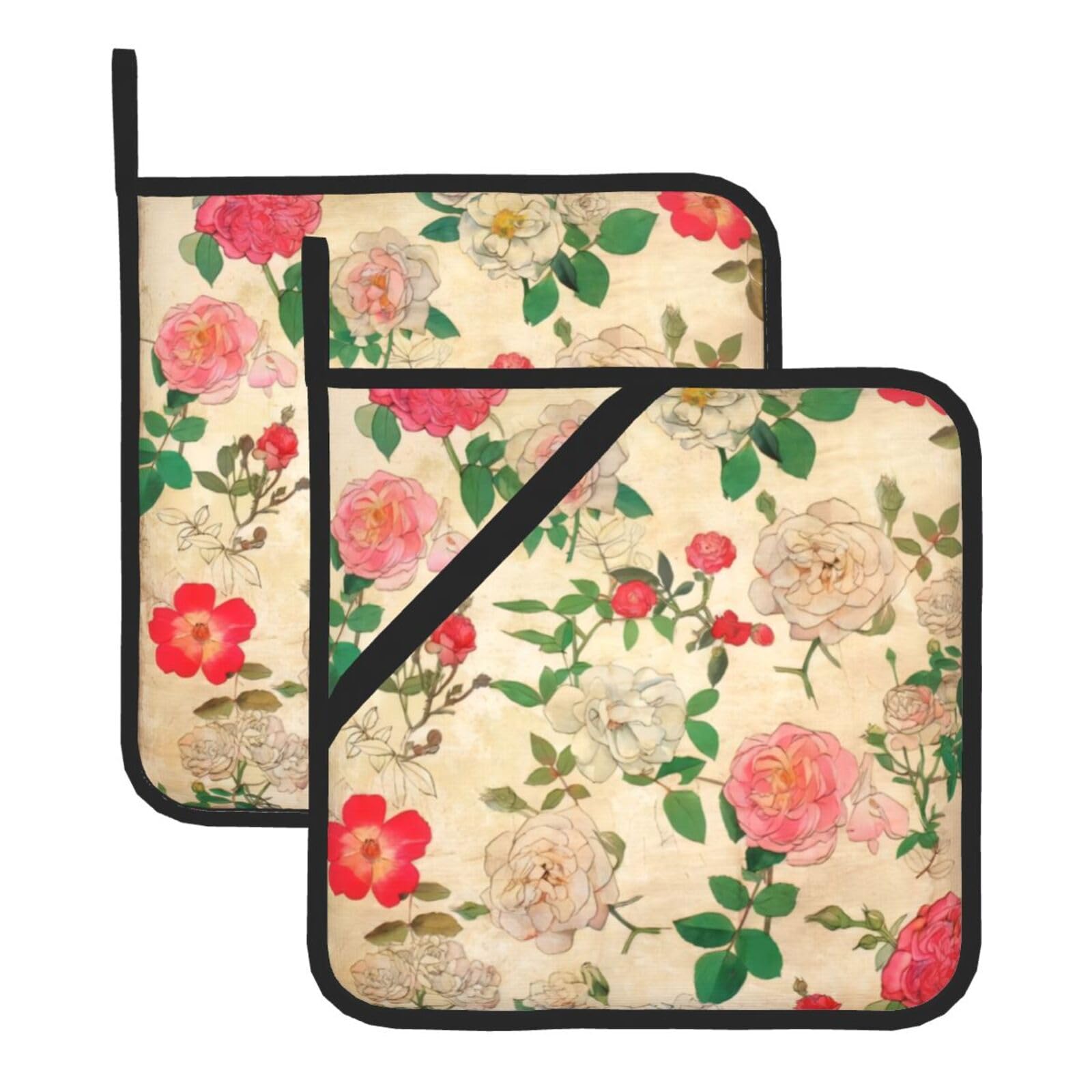 HJFCZH Retro flower Prints Square Hot Pads for Kitchen - Waterproof Heat Resistant Potholders, Thick Trivet Covers with Hanging Loops, Oven & Grill Dish Protectors (2-Pack)