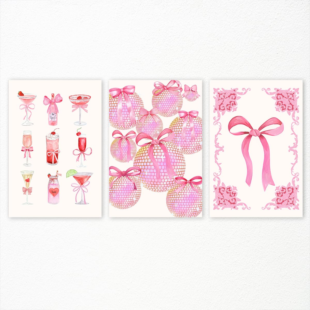 Pink Bows Coquette Poster Set - 4 Piece Disco Ball & Butterfly Wall Art, 8x12 Inch Unframed