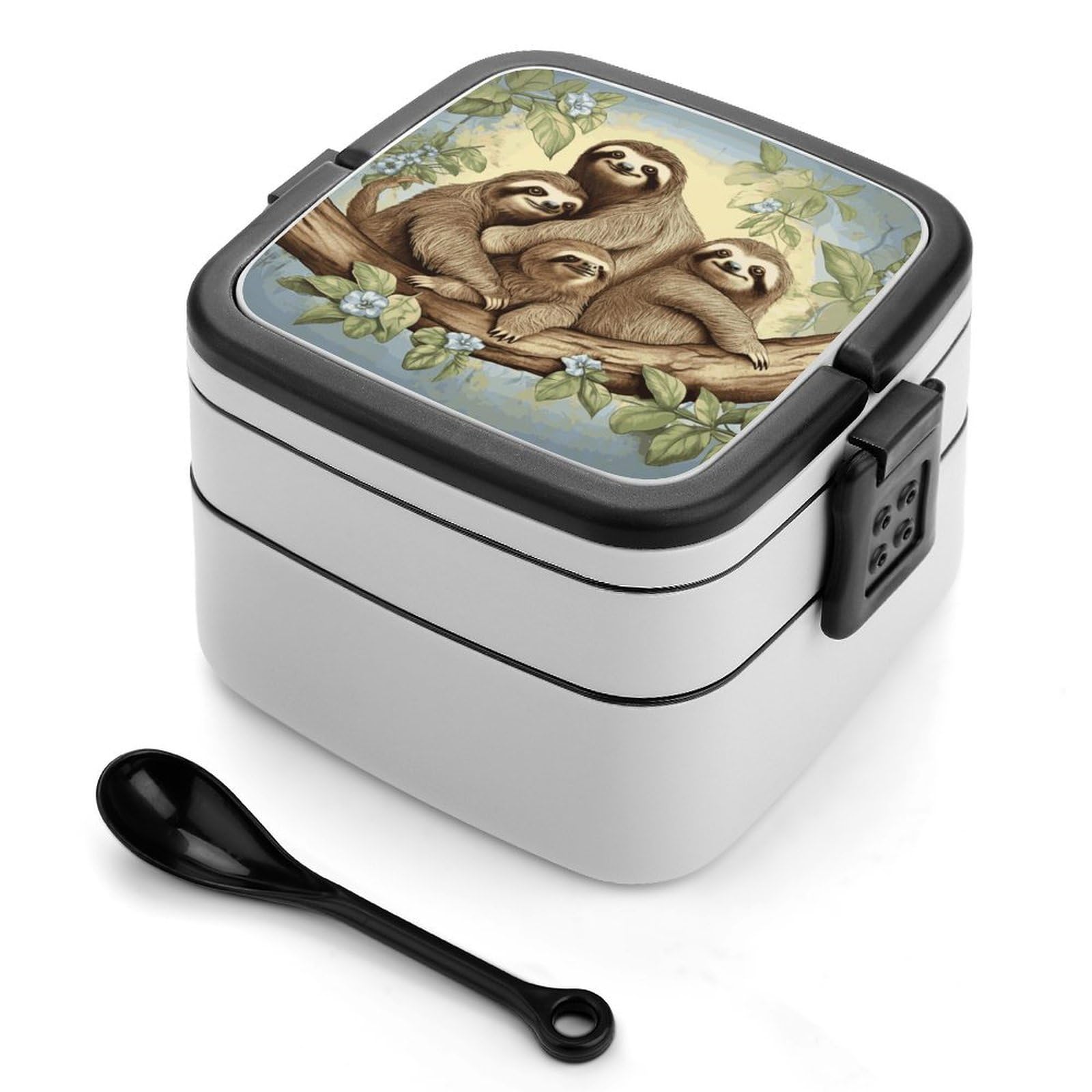 FekiLoot Sloth Family Bento Box Adult Lunch Box Sealed Bento Lunch Boxes with Spoon Sturdy Double Layer Bento Boxes Snap-on Design Leak Proof Lunch Containers Ideal for Work