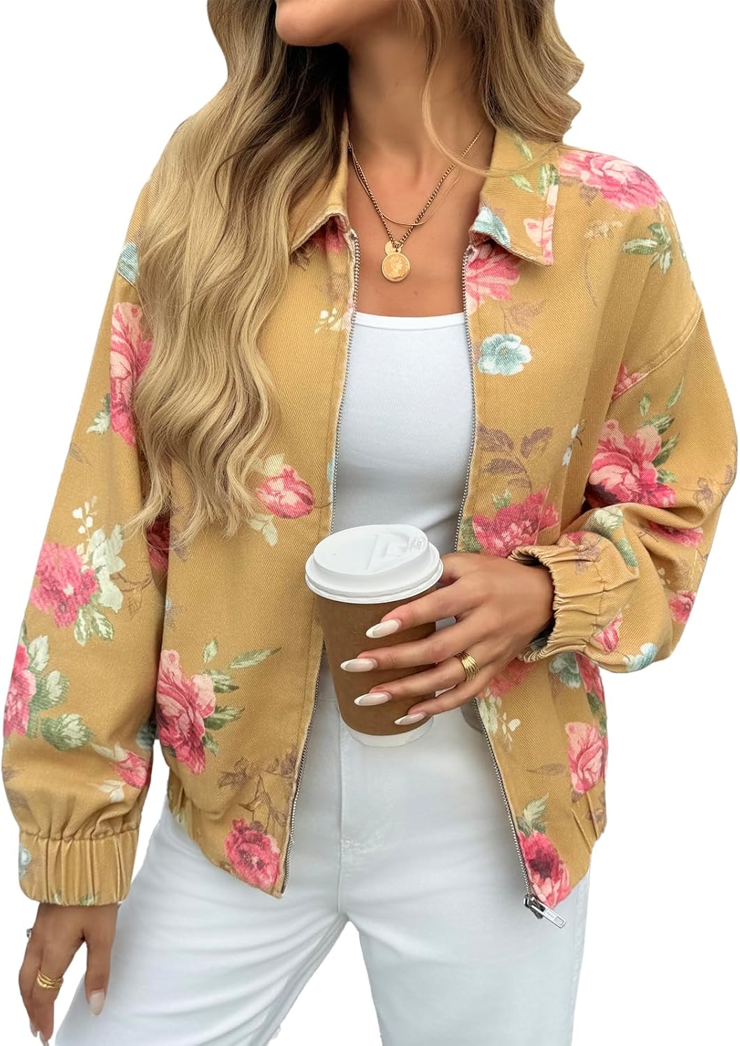 Cicy Bell Womens Floral Zip Up Bomber Jackets Cropped Long Sleeve Denim Coats Trendy Casual Collared Vintage Outerwear