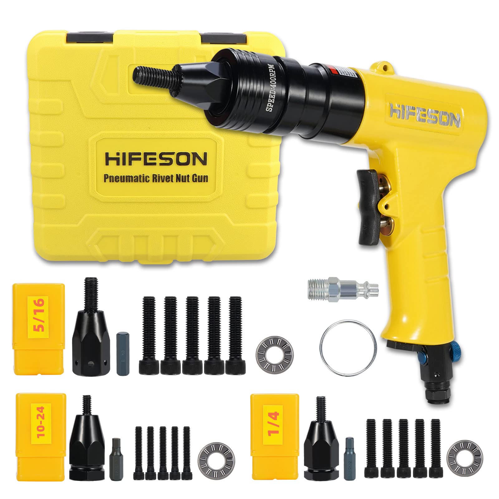 HIFESON Pneumatic Rivnut Gun with 10-24 & 10-32 & 8-32 Self-Locking Head Gun,Quick-Change Mandrels,Industrial Grade Adjustable Speed Pneumatic Thread Insert Tool