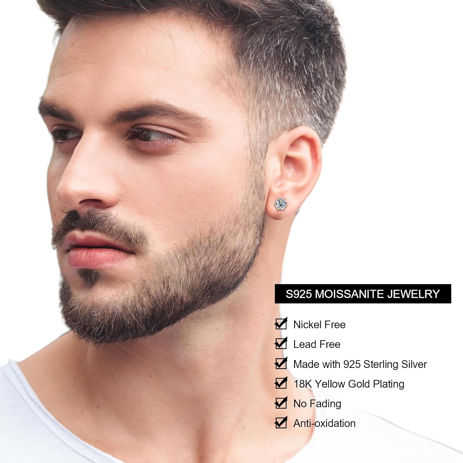 Moissanite Stud Earrings for Men, 18K White/Yellow Gold Plated Solid 925 Sterling Silver Earring Hypoallergenic Dainty Flat Back 1.0CT-4.0CT D Color Moissanite Simulated Diamond Earrings Jewelry for Women Men - Image 5