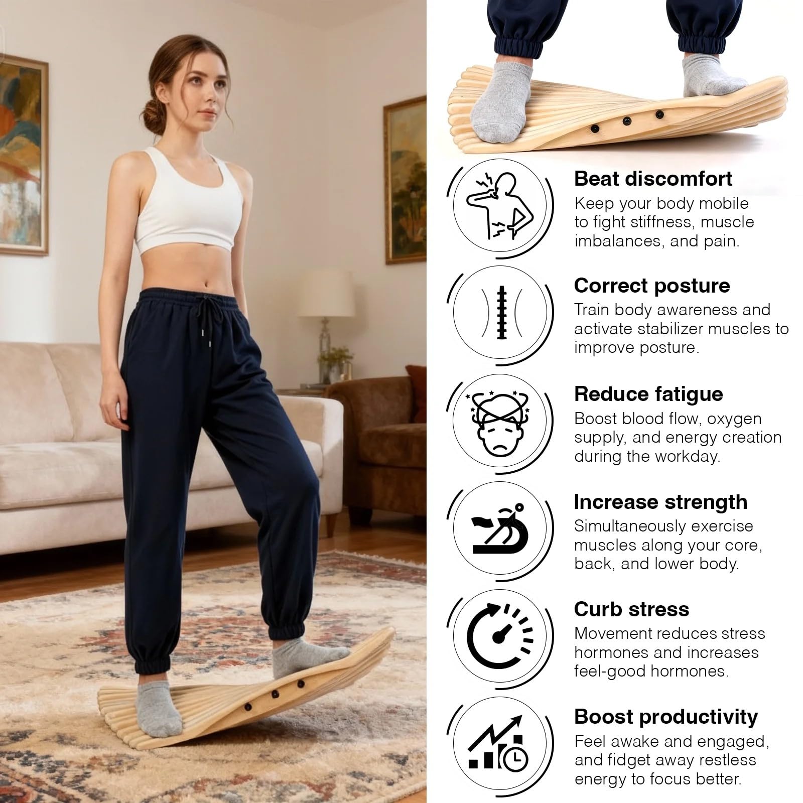 Tavola di Equilibrio Oscillante, Trave di Equilibrio in Legno per Allenamento della Forza del Core A 360°, per Il Surf E Lo Skateboard, Tavola Oscillante Antifatica per Scrivanie in Piedi