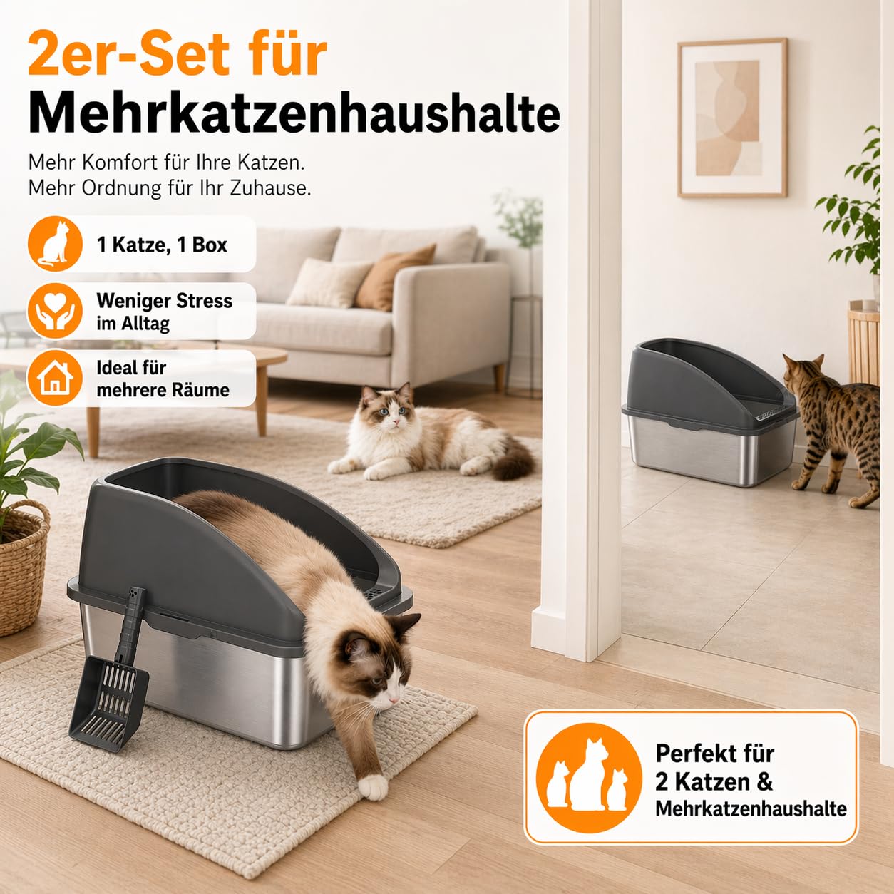Inodoro para gatos de acero inoxidable para gatos grandes, 50 x 35 cm, color negro