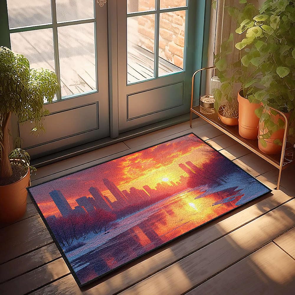 Paillasson antidérapant hiver 65x90cm avec décor de paysage enneigé urbain