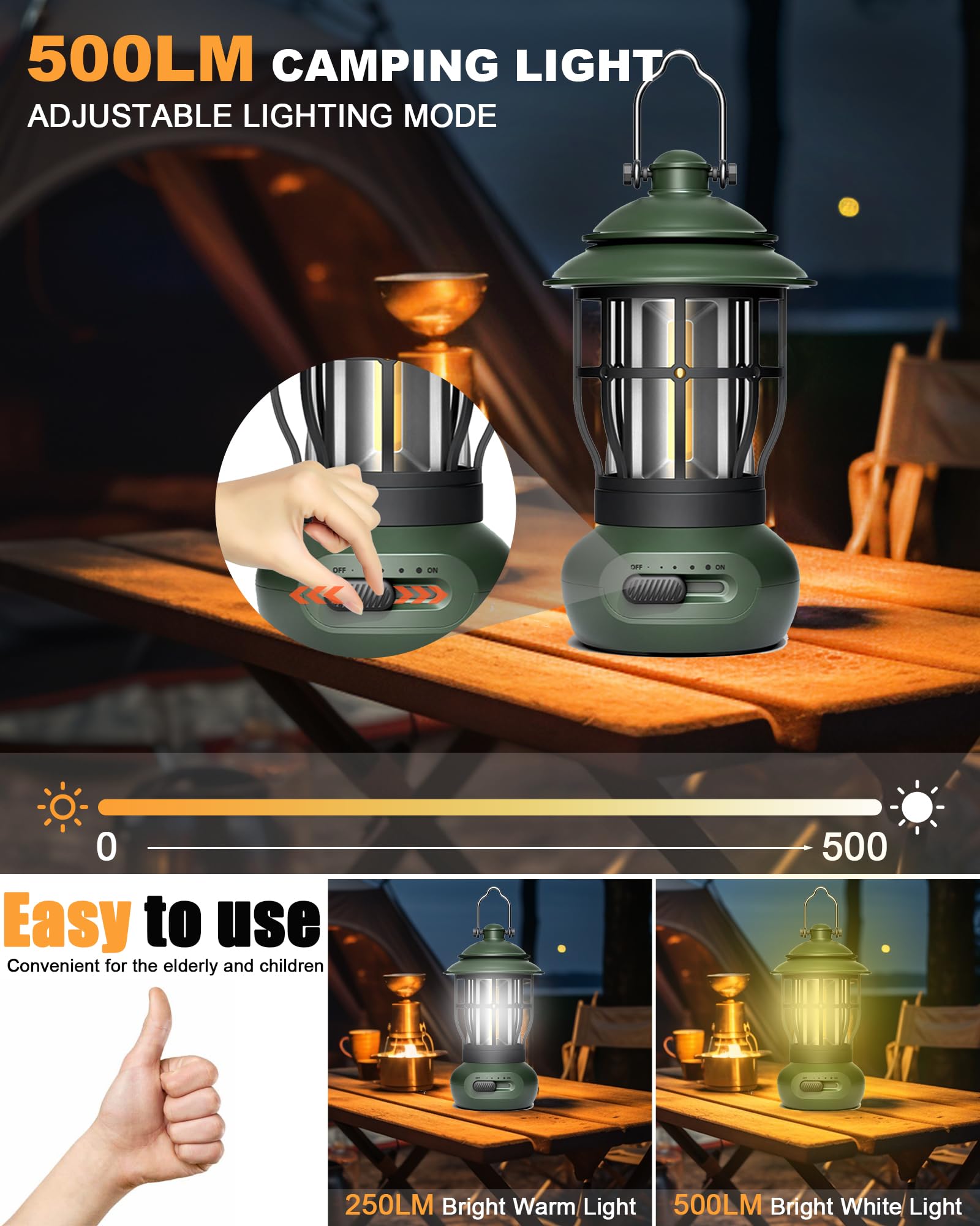 Camping Lights - LHQOO LED Lights for Power Outage, LED Flashlights with Three Dimmers, Rechargeable Camping Lantern with Hook, Suitable for Fishing, Picnics, Camping, Halloween, Birthday Gifts(Green)