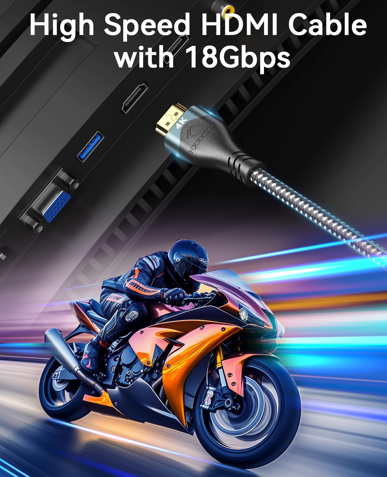 Cable HDMI de alta velocidad, 18 Gbps, 4K 60HZ UHD 2160p, conectores chapados en oro de 24 quilates, trenzado de nailon compatible con laptop, monitor, PS5, PS4, Xbox One, Fire TV y más (100