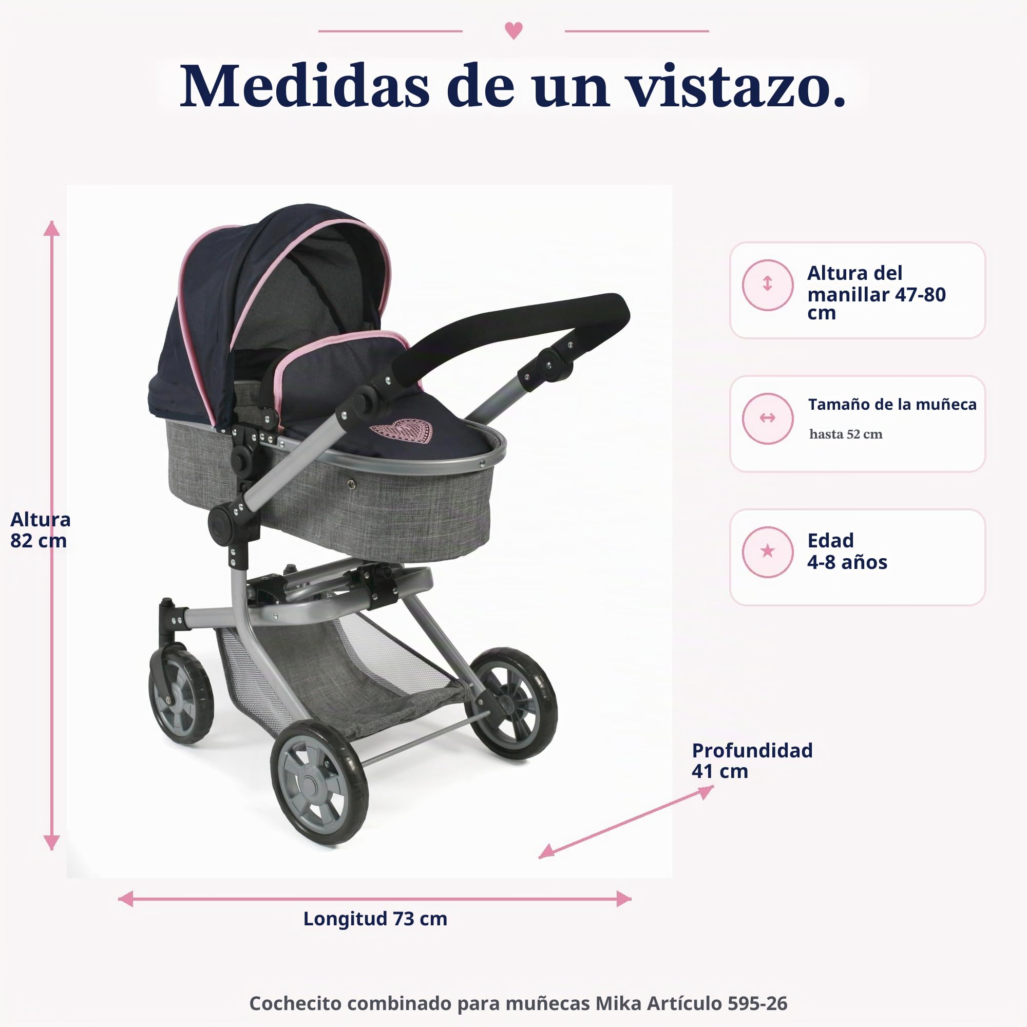 Bayer Chic 2000-59526 - Cochecito de muñecas Mika, 2 en 1 para niños de 4 a 8 años, Color Gris Marino, 47 cm-80 cm