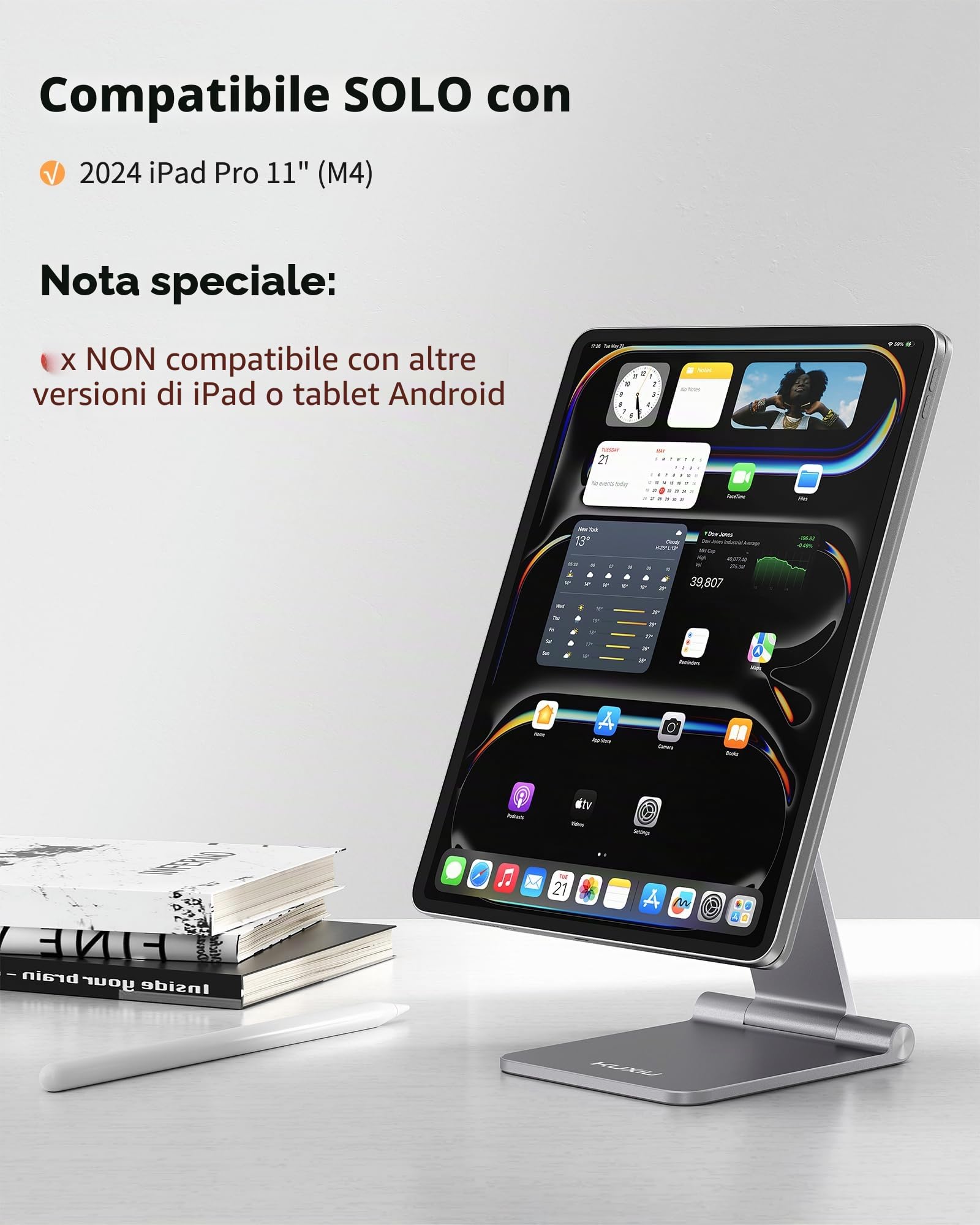 KU XIU X33 PRO MAX Supporto di Ricarica Magnetico per iPad Pro 11" M4 (2024) Solo, Supporto Tablet Pieghevole in Lega di Alluminio per Scrivania, Stand Regolabile a 360° con Cavo USB-C da 1M