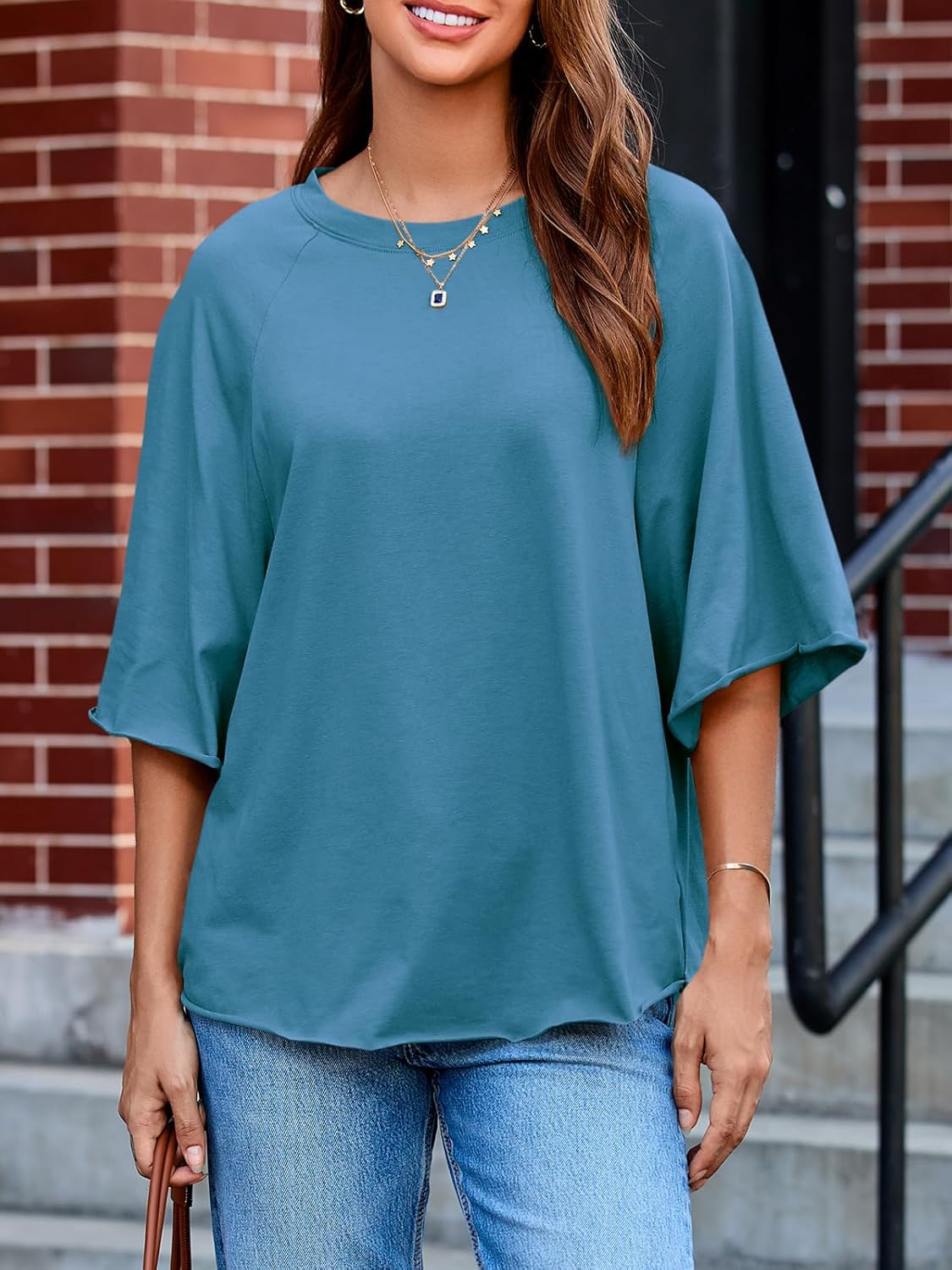 Tankaneo Womens Oversized Half Sleeve T-Shirts Trendy Casual Loose Fit Tops Summer Crew Neck Baggy Shirts - Image 4