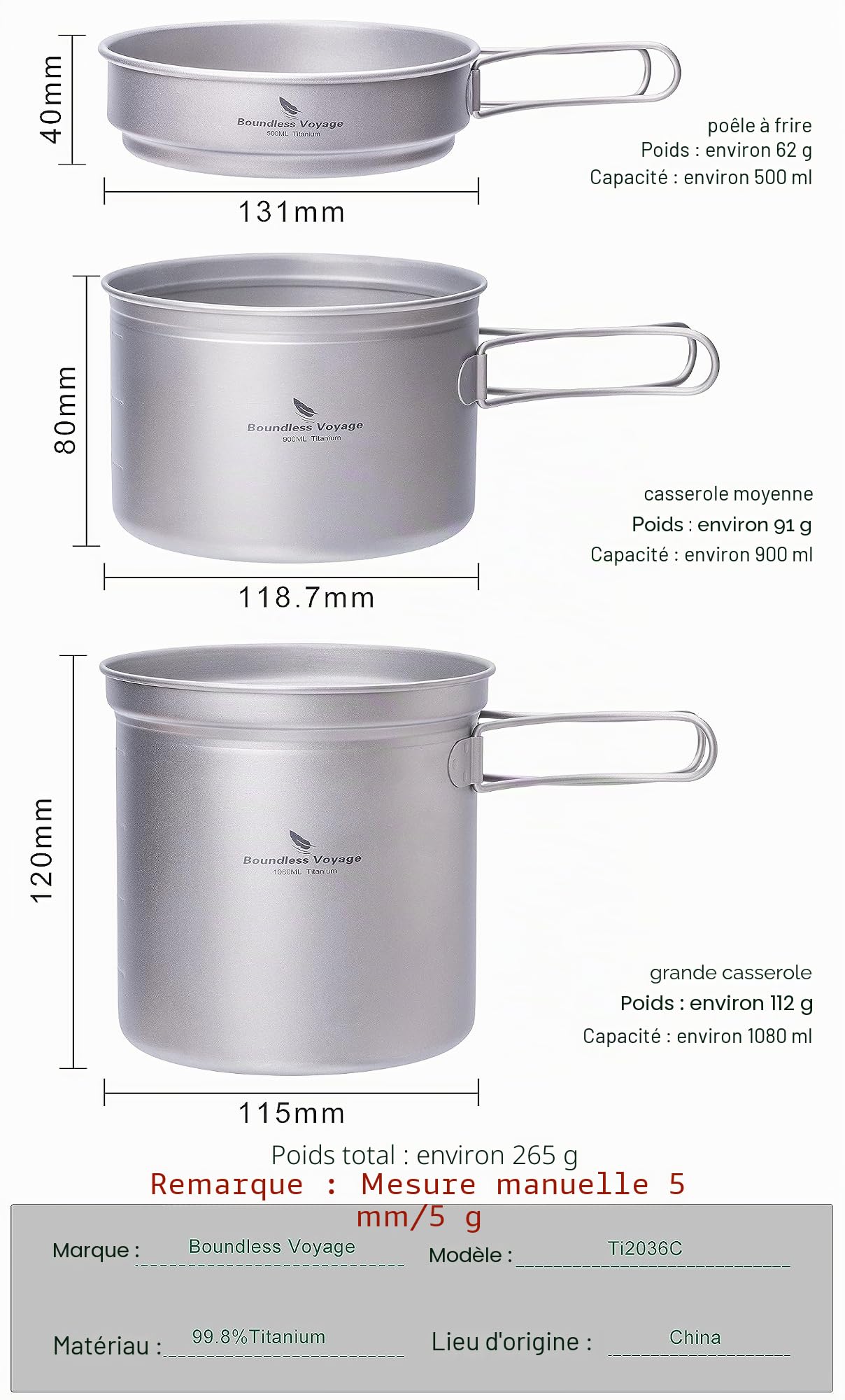 Boundless Voyage Camping Ustensiles de Cuisine Kit Pot en Titane avec poignée Pliante Kit de désordre de Cuisine en Plein air Pots Pans Poêle à Frire Kit de désordre