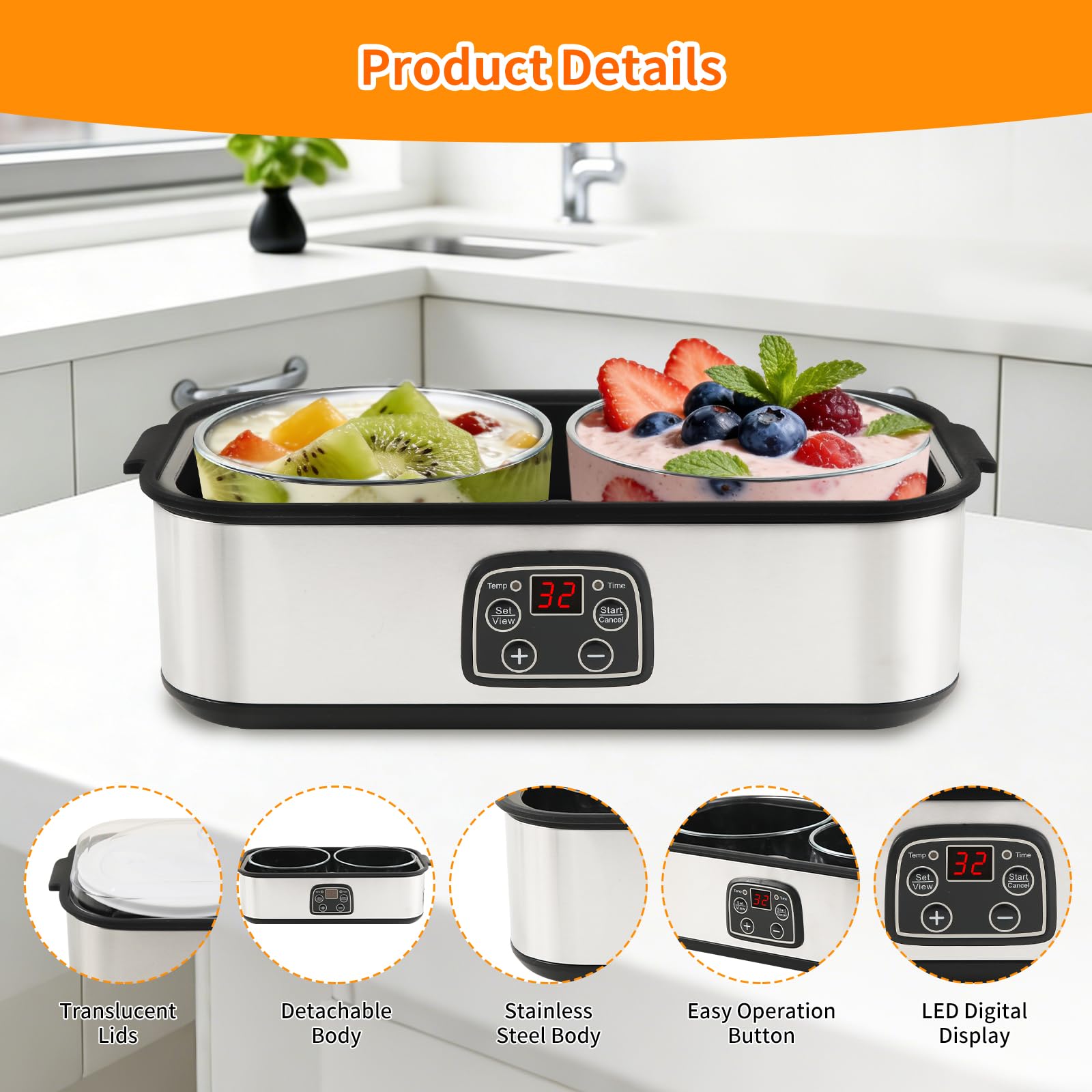 Máquina para hacer yogurt de 2000 ml con 2 tarros de vidrio, máquina para hacer yogur de acero inoxidable con pantalla LED, temperatura ajustable y temporizador de 48 horas, para hacer yogur orgánico