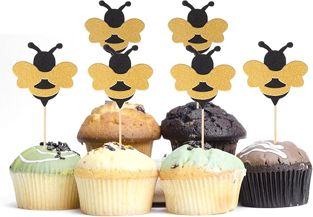 Fvomye 24 Pieces Bumble Bee Cupcake Toppers Glitter Cake Decorations for Baking Muffin Decorations Birthday Themed Party Baby Shower