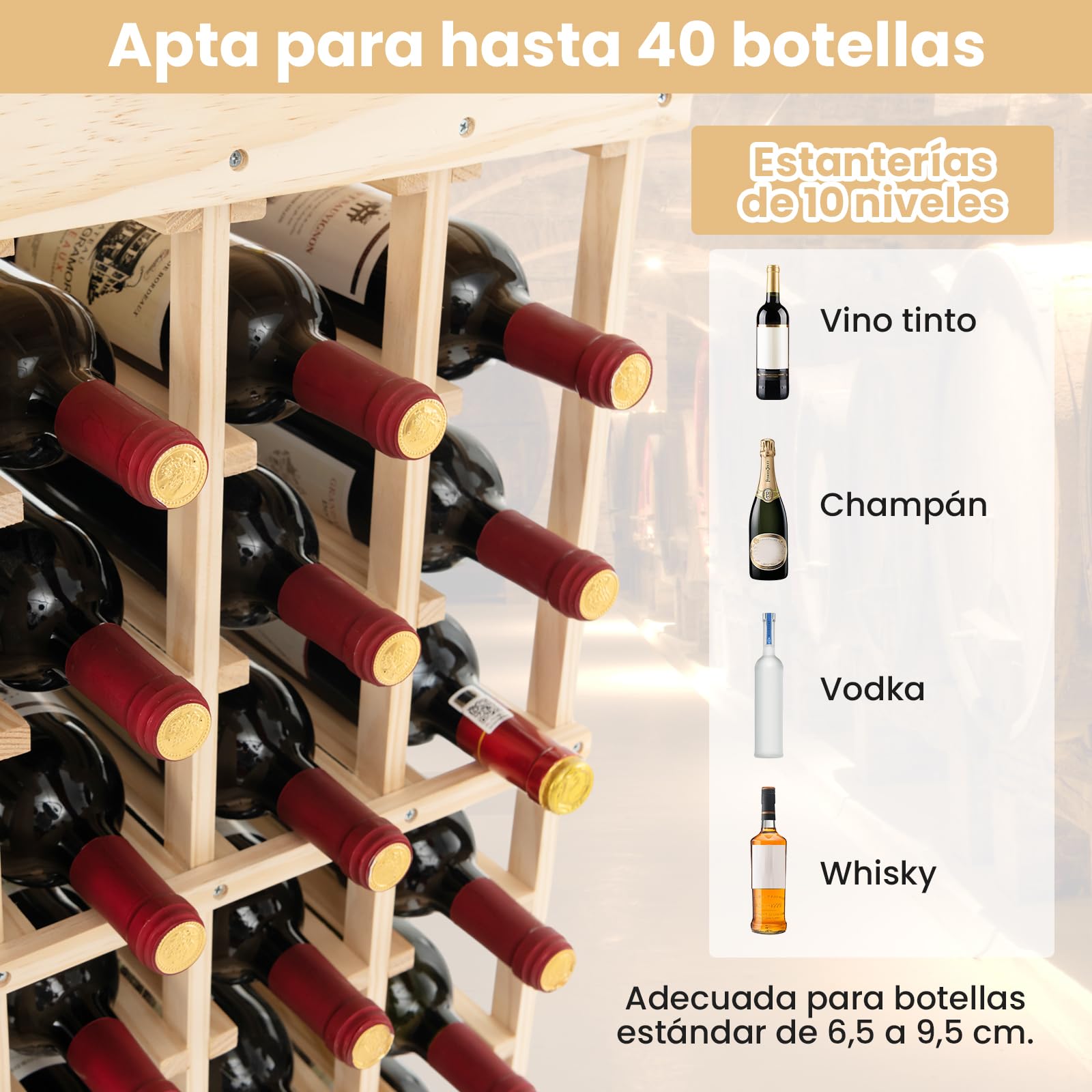 GOPLUS Botellero Independiente para 40 Botellas, Estante de Almacenamiento de Vino con Tablero, Dispositivo Antivuelco, Estante para Botellas de Madera Maciza de 10 Niveles, Natural