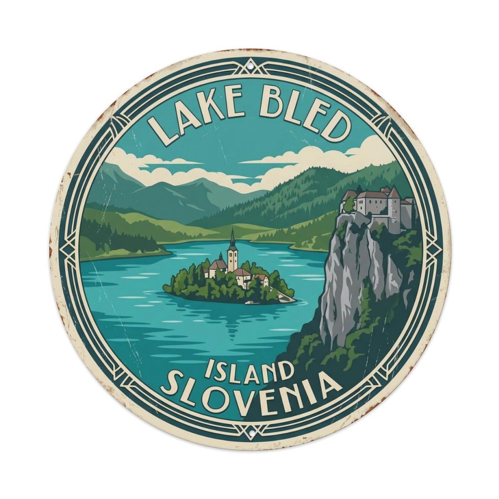 Lake Bled Island Slovenia Alpine Metal Tin Sign Plaque Wall Decor for Cafe, Club Bar, Office, Home Garden Round Metal Poster 8x8Inch