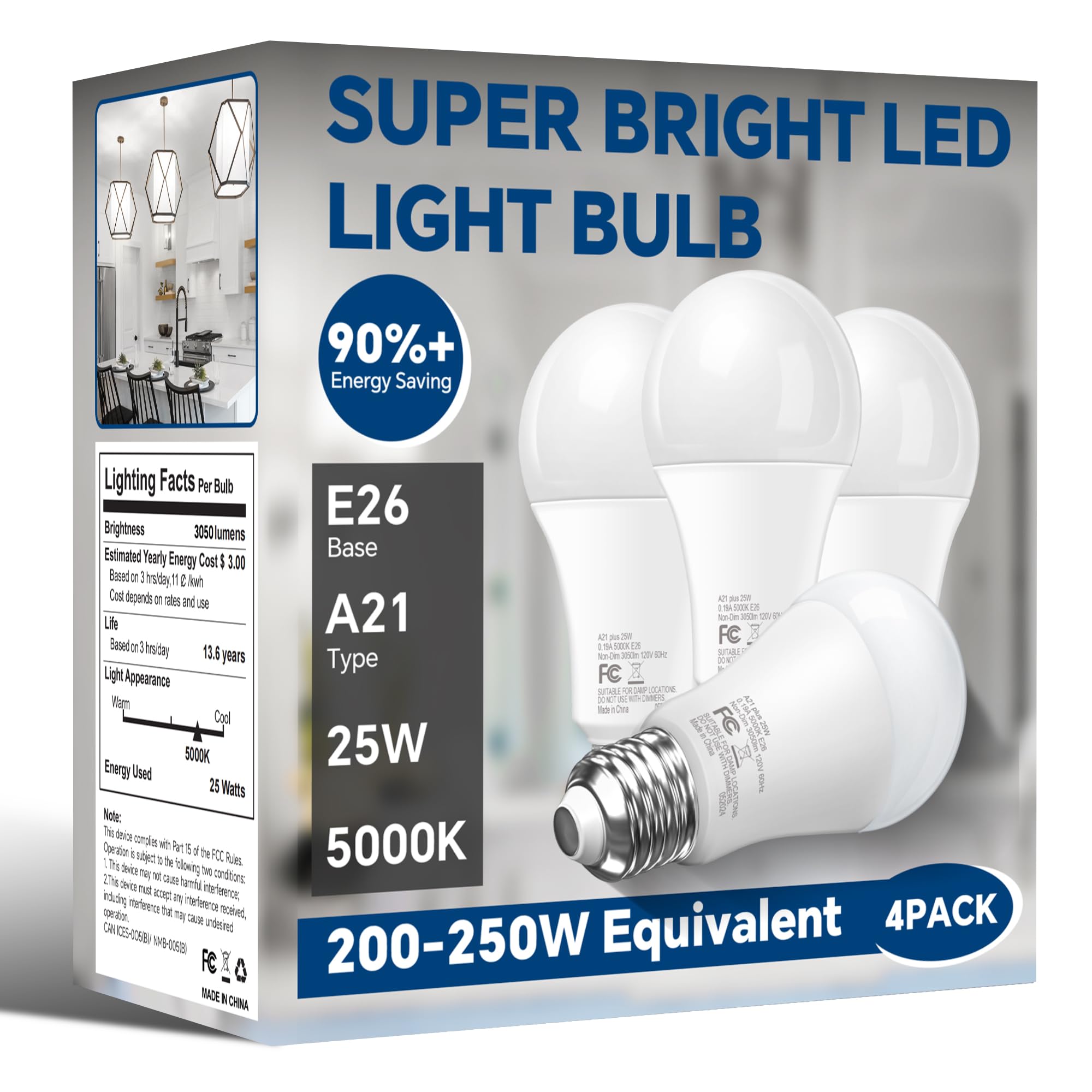 Nouscan 200W Equivalent LED Light Bulb, 3050LM Super Bright A21 LED Bulb, Daylight 5000K, 25W Energy Saving, E26 Medium Base, 120V for Garage,