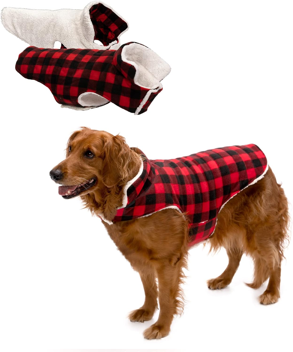 Furhaven Reversible Large Dog Coat, Washable & Insulating w/ Leash Access - Sherpa & Plaid Fleece Flex-Fit Jacket - Cream/Red, Large Large Flex-Fit Coat - Cream/Red Plaid