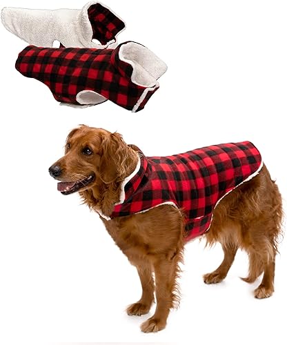 Furhaven Abrigo grande para perro, chaqueta reversible de sherpa y forro polar a cuadros, lavable, color cremarojo, talla L