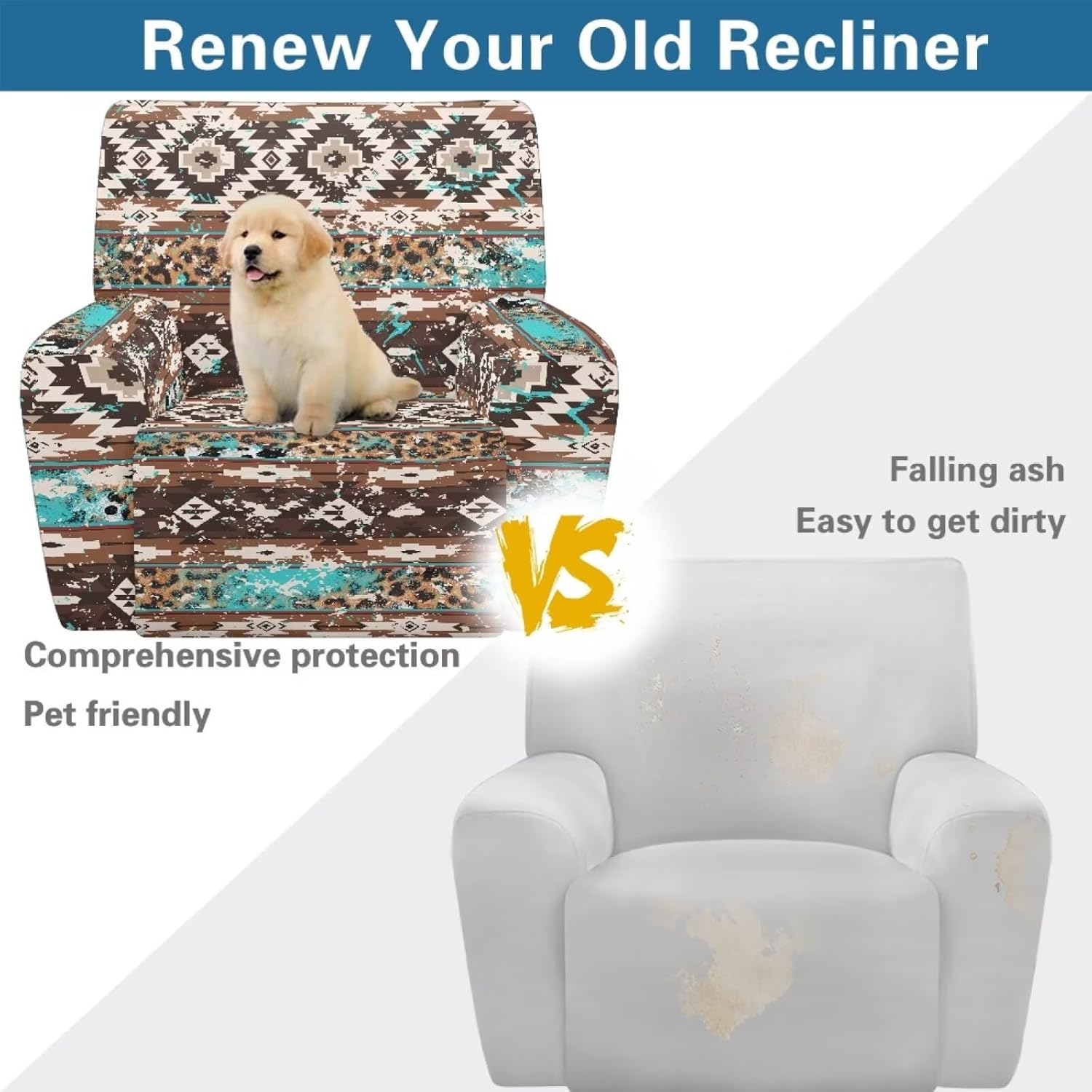 Aztec Leopard Print Recliner Chair Covers 4 Pieces Recliner Cover That Stay in Place, Washable Lazy Boy Reclining Sofa Slipcovers with Pockets Reclining Protector for Pet, Kids