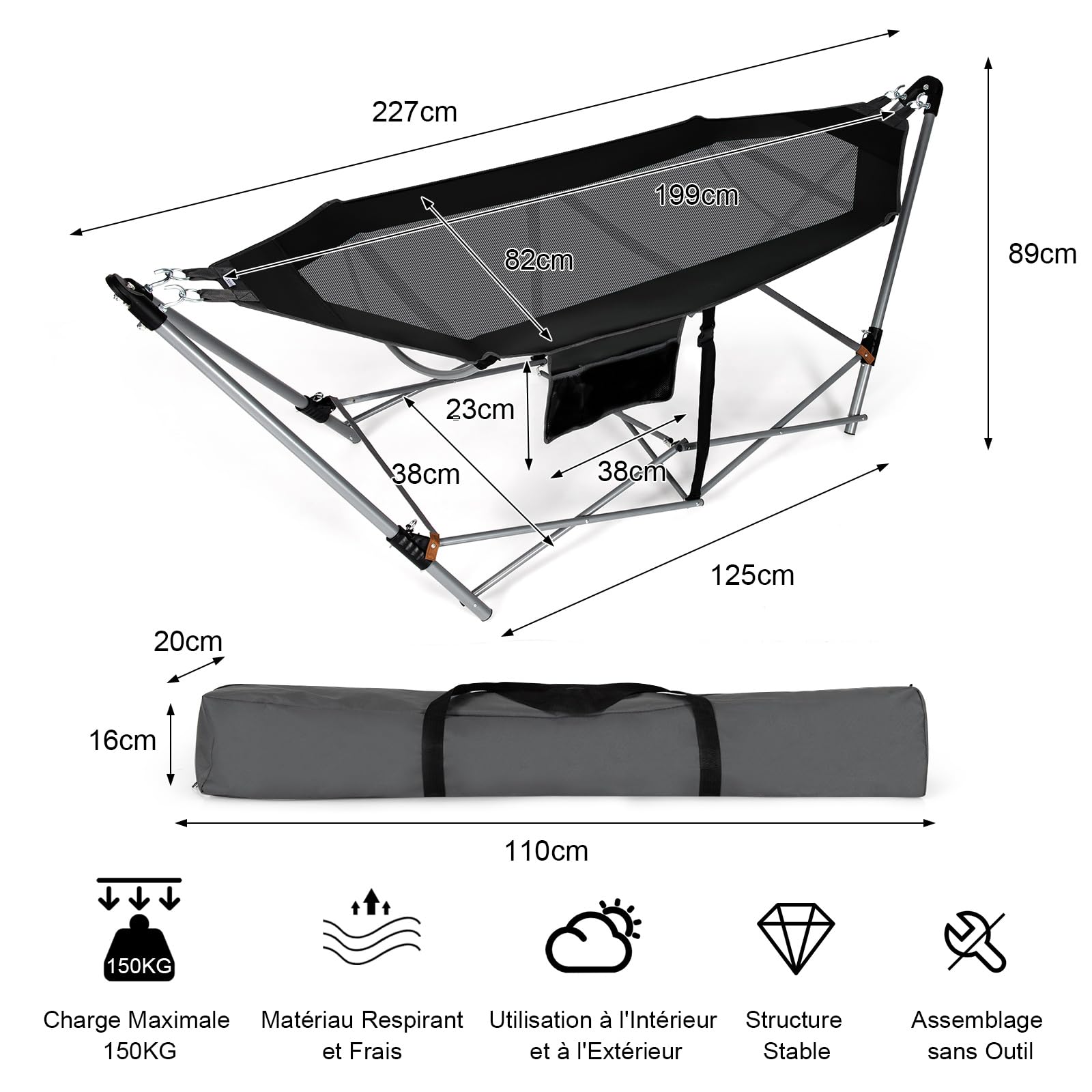 COSTWAY Hamac sur Pied, Hamac Pliant avec Support Métallique et en Tissu d’Oxford, Poche Latérale et Boucles Anti-Basculement, pour Porche, Patio, Jardin, Charge 150KG, 227 x 82 x 89CM