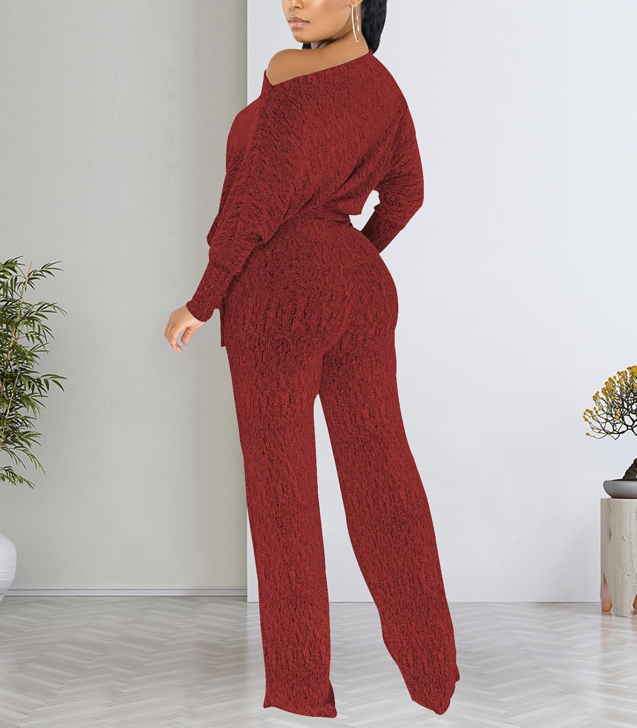 DinyIn Burgundy Sparkly Jumpsuits for Women Elegant Sequin Long Sleeve Pants Elegant Off Shoulder Party Romper with Belt - Image 6