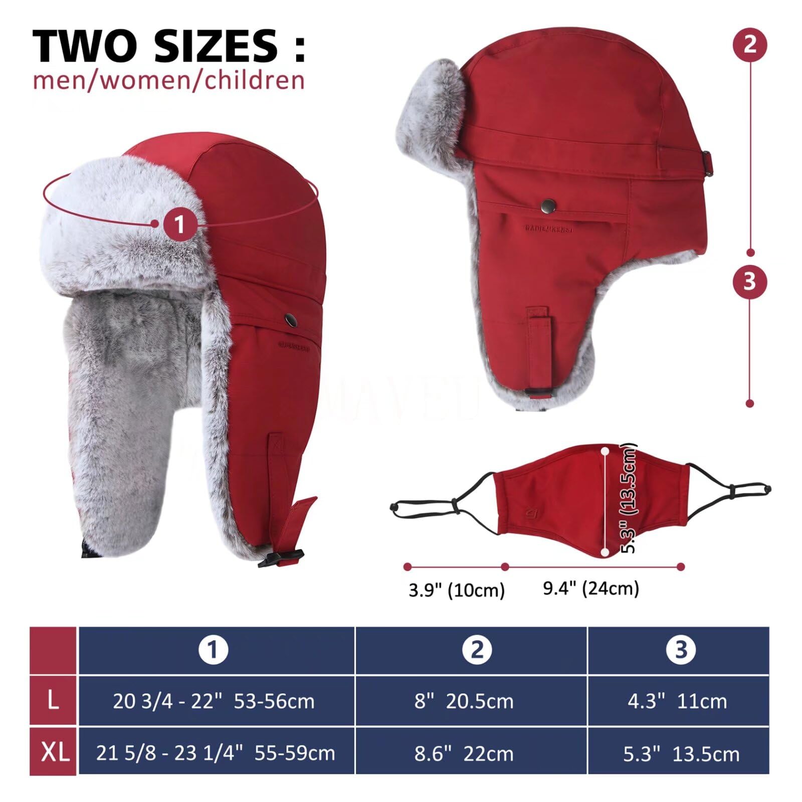 GADIEMKENSD Chapeau de Trappeur Ushanka d'hiver avec Rabat d'oreille et mentonnière Unisexe