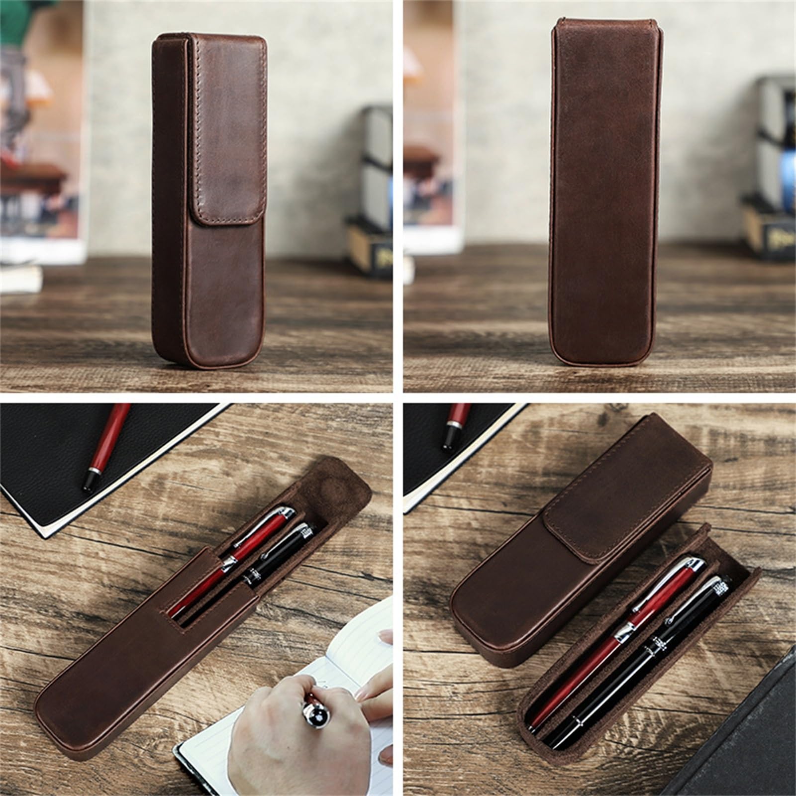 Estuche de Cuero para lápices Estuche para lápices de Cuero Hecho a Mano Cajón extraíble Organizador de bolígrafos de Oficina para el Trabajo, la Oficina (Café 16,8 x 5 x 3 cm)
