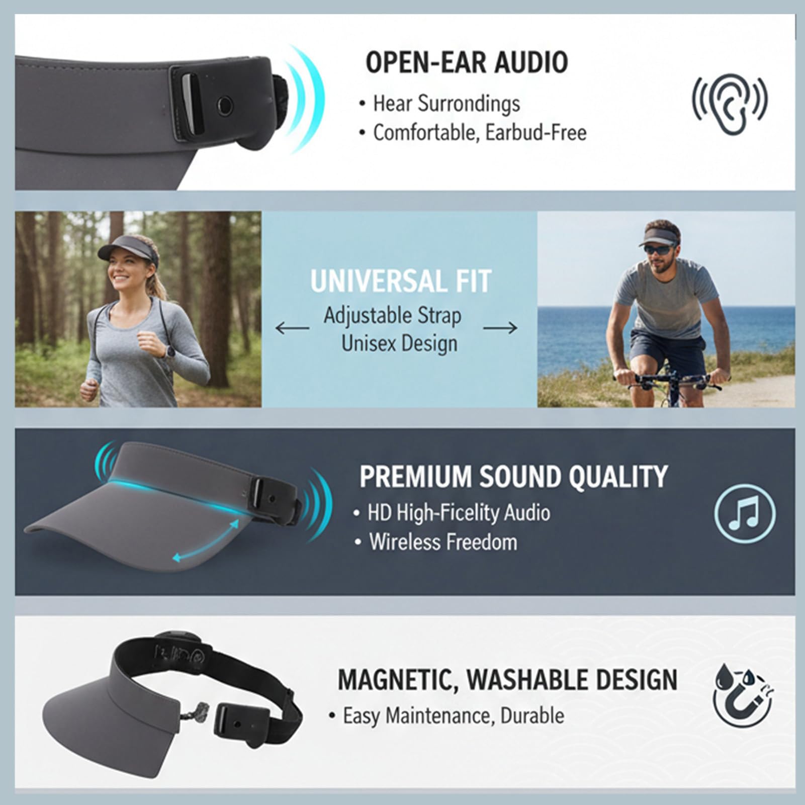 Bewinner Kapelusz Przeciwsłoneczny Bluetooth 5.4 z Odłączanymi Głośnikami Magnetycznymi, Nadający się do Prania Nakładka Audio do Noszenia Konstrukcja z Otwartymi Uszami Regulowane (GREY)