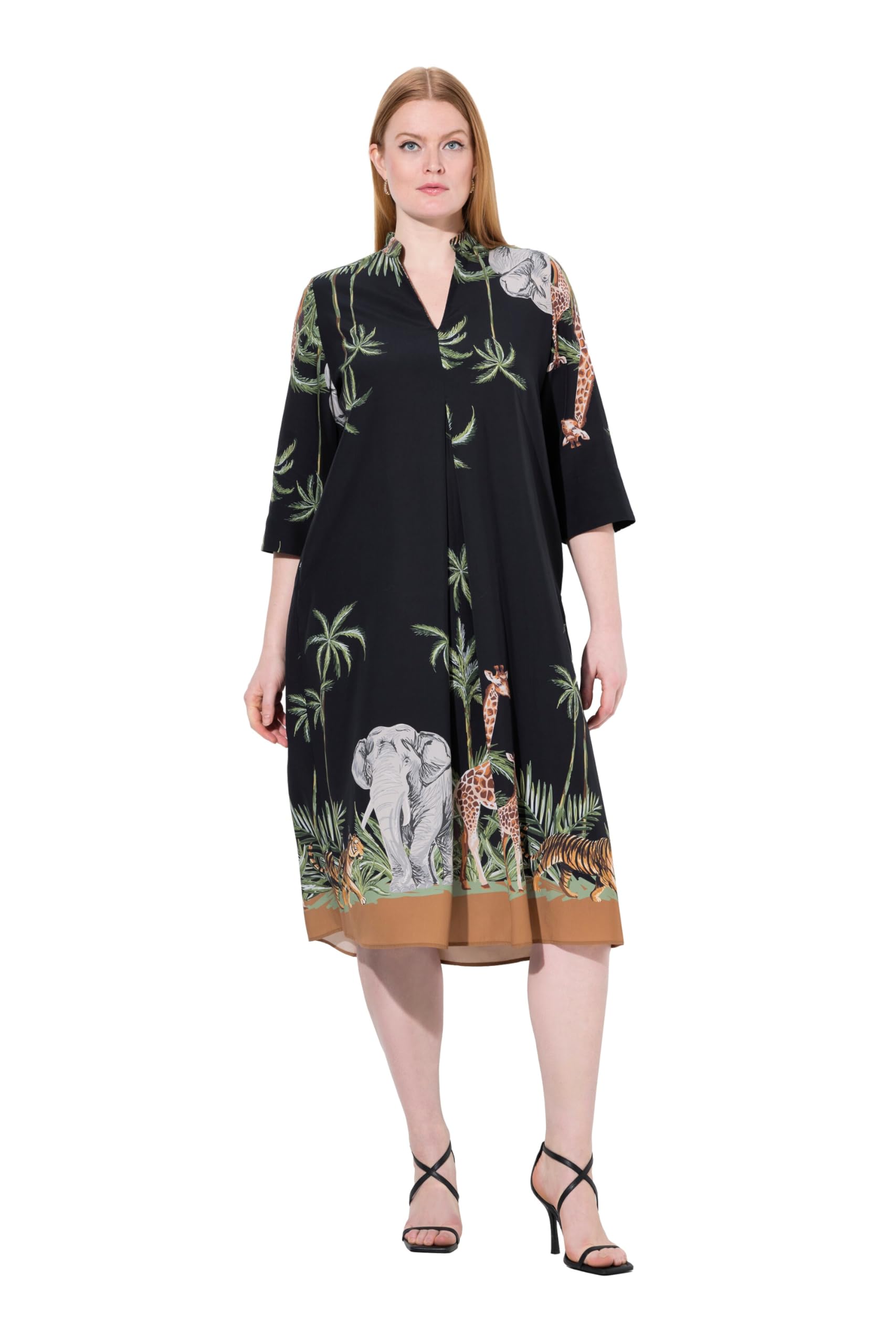 Ulla Popken Damen große Größen Übergrößen Plus Size Lyocell-Midikleid, Animal, Hemdkragen, 3/4-Arm 838514