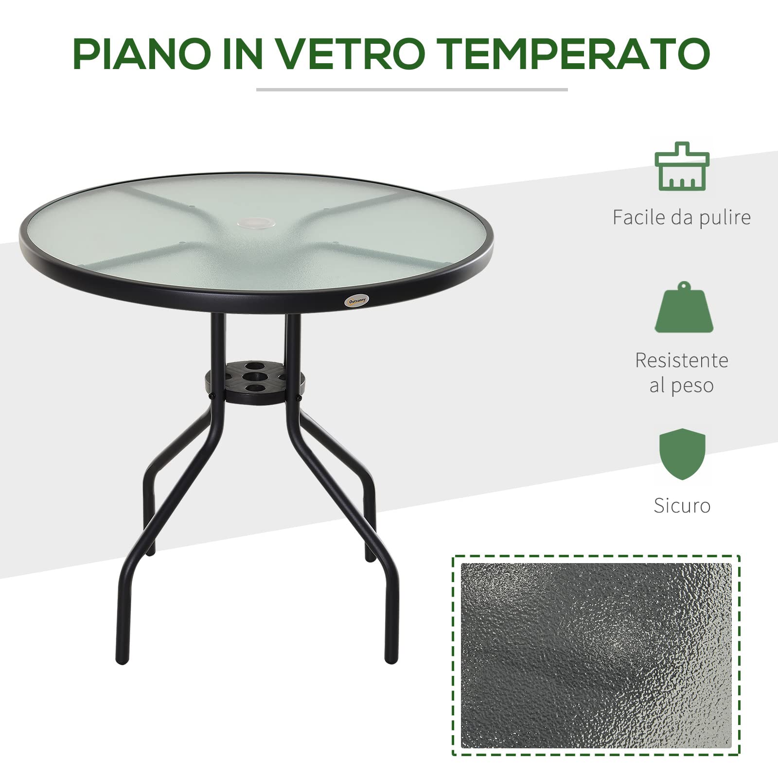 Outsunny Tavolino da Giardino con Piano in Vetro Temperato e Foro per Ombrellone Acciaio Ф80 x 72 cm Nero