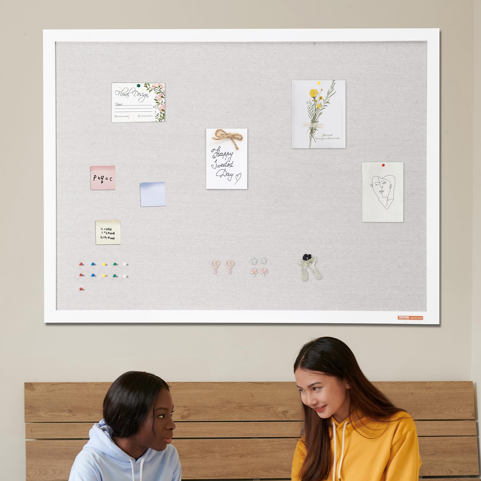 VEVOR Tablero de Corcho Blanco con Superficie de Lino 1200 x 900 mm Tablón de Anuncios de Pared con Marco de Madera Blanco Tablón de Anuncios Elegante y Funcional para Hogar, Escuela, Oficina