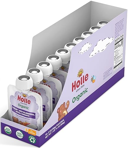 Holle Bolsas de yogur para bebés Yogur orgánico con puré de manzana, plátano y bayas Bolsas de yogur bebibles para niños y bebés de 8 meses en