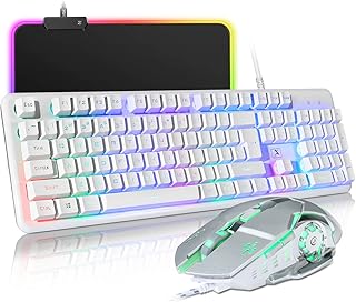 Wired 4 In 1 Gaming Keyboard Mouse Headphone Set, Rainbow Backlit Semi-Mechanical 104 Key QWERTY 100% Keyboard + 2400DPI Optical Mouse + RGB Gaming Headset with Mic + Mice Pad for PC/MAC - White