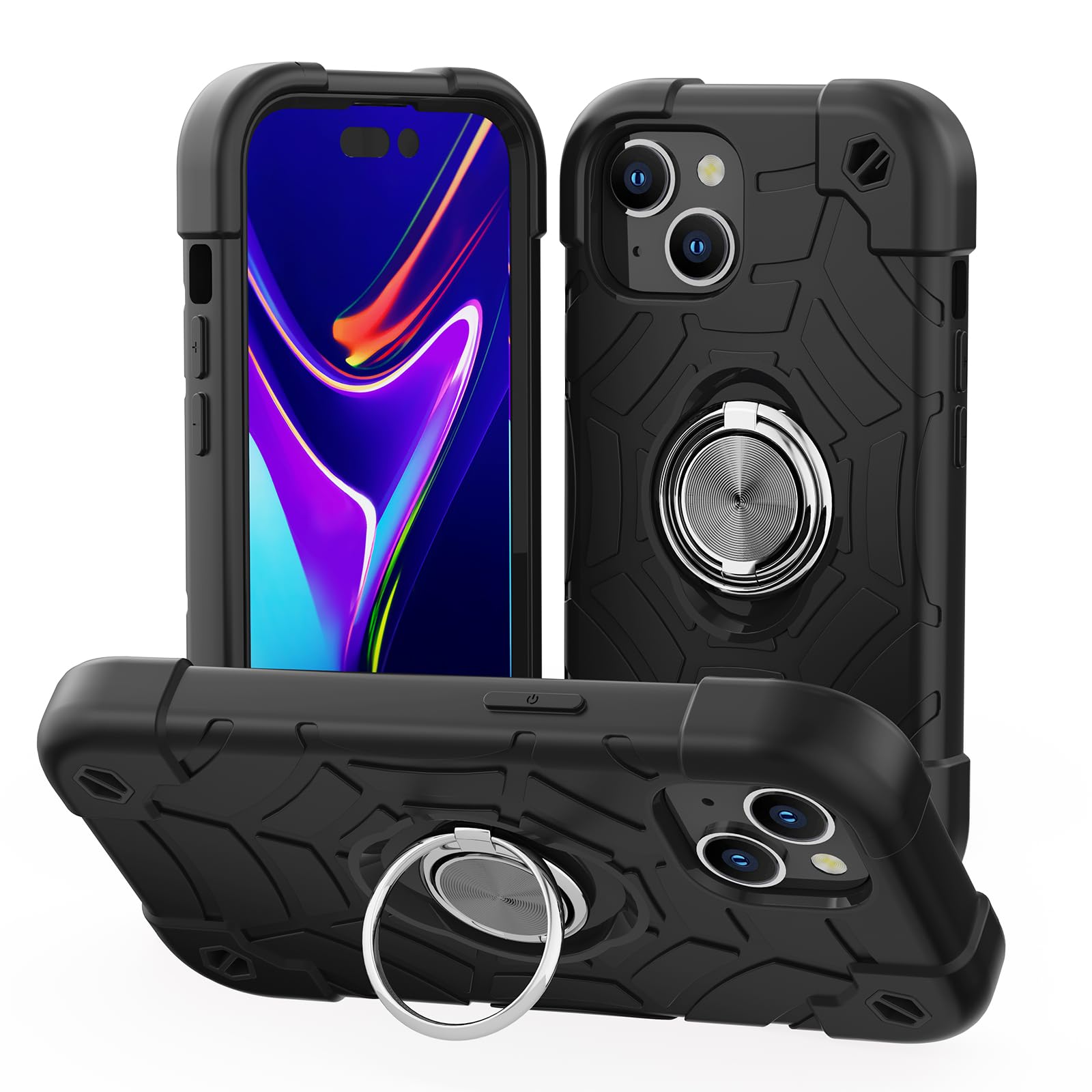 Coque hybride en caoutchouc souple pour iPhone avec béquille, antichoc (rouge + bleu, iPhone 15 6,1")