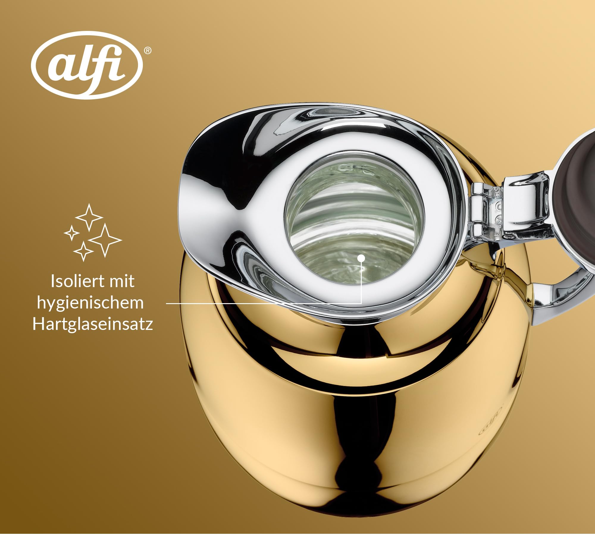 Alfi Juwel Isolierkanne 1,0L | Thermoskanne Edelstahl mit Glaseinsatz | AromaSafe Kaffee & Tee | BPA-frei & nachhaltig | Einhandbedienung | Für Heiß- & Kaltgetränke | Gold plated