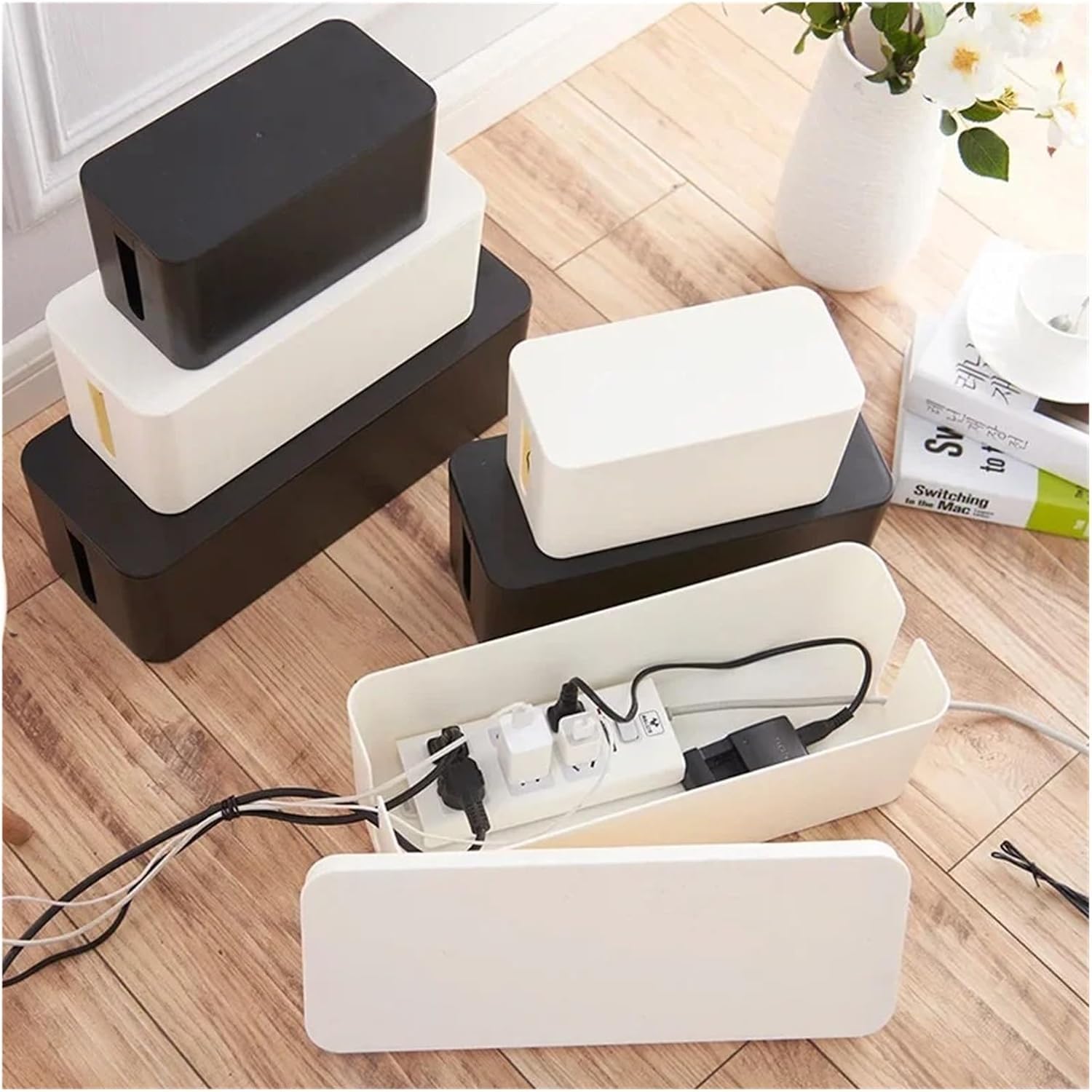 Caja organizadora de cables, Caja de almacenamiento práctica for cables alimentación, con diseño cubierta extraíble, color blanco y negro